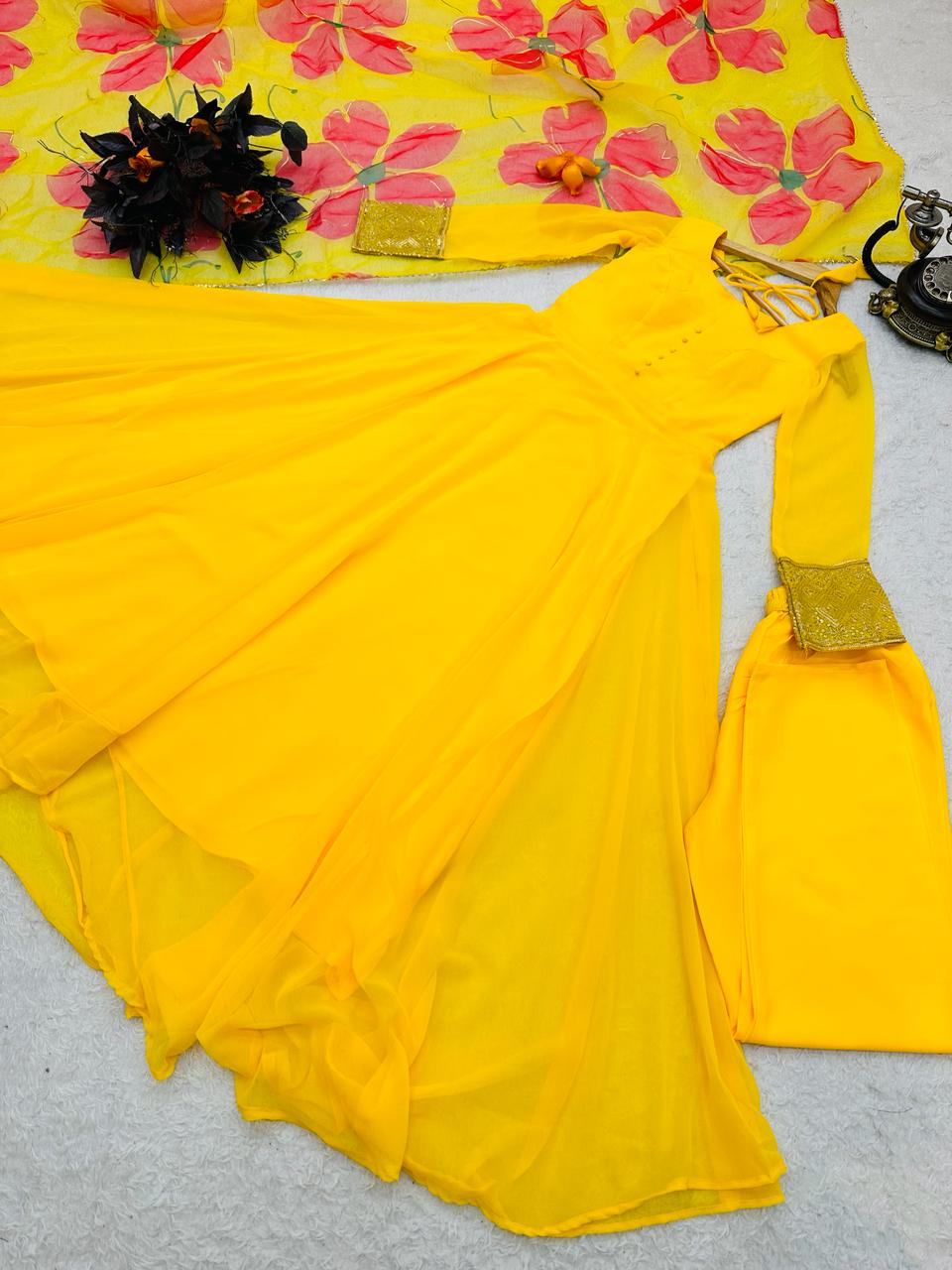Plain Yellow Color Gown With Floral Print Dupatta