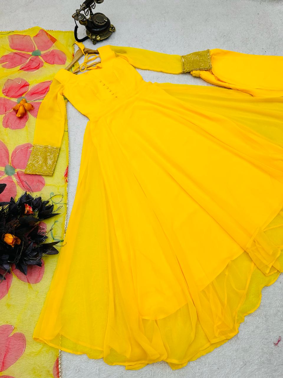 Plain Yellow Color Gown With Floral Print Dupatta