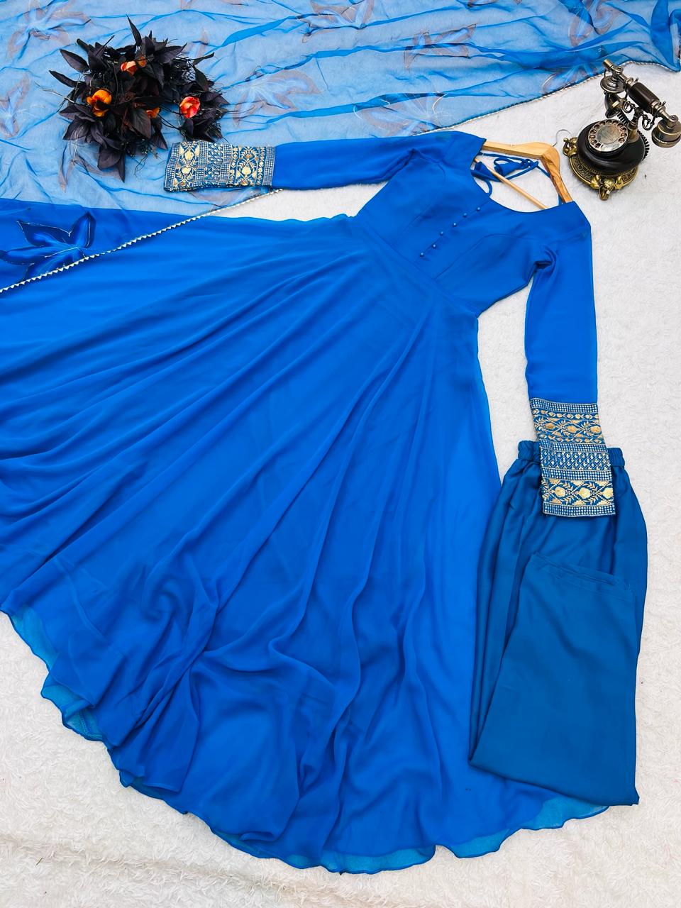 Plain Blue Color Gown With Floral Print Dupatta