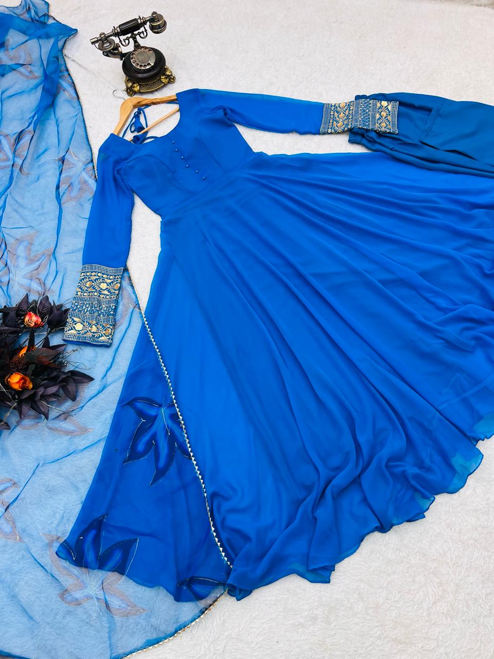 Plain Blue Color Gown With Floral Print Dupatta