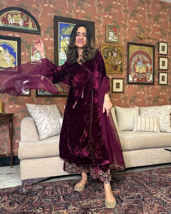 Gorgeous Thread Work Wine Color Velvet Palazzo Suit