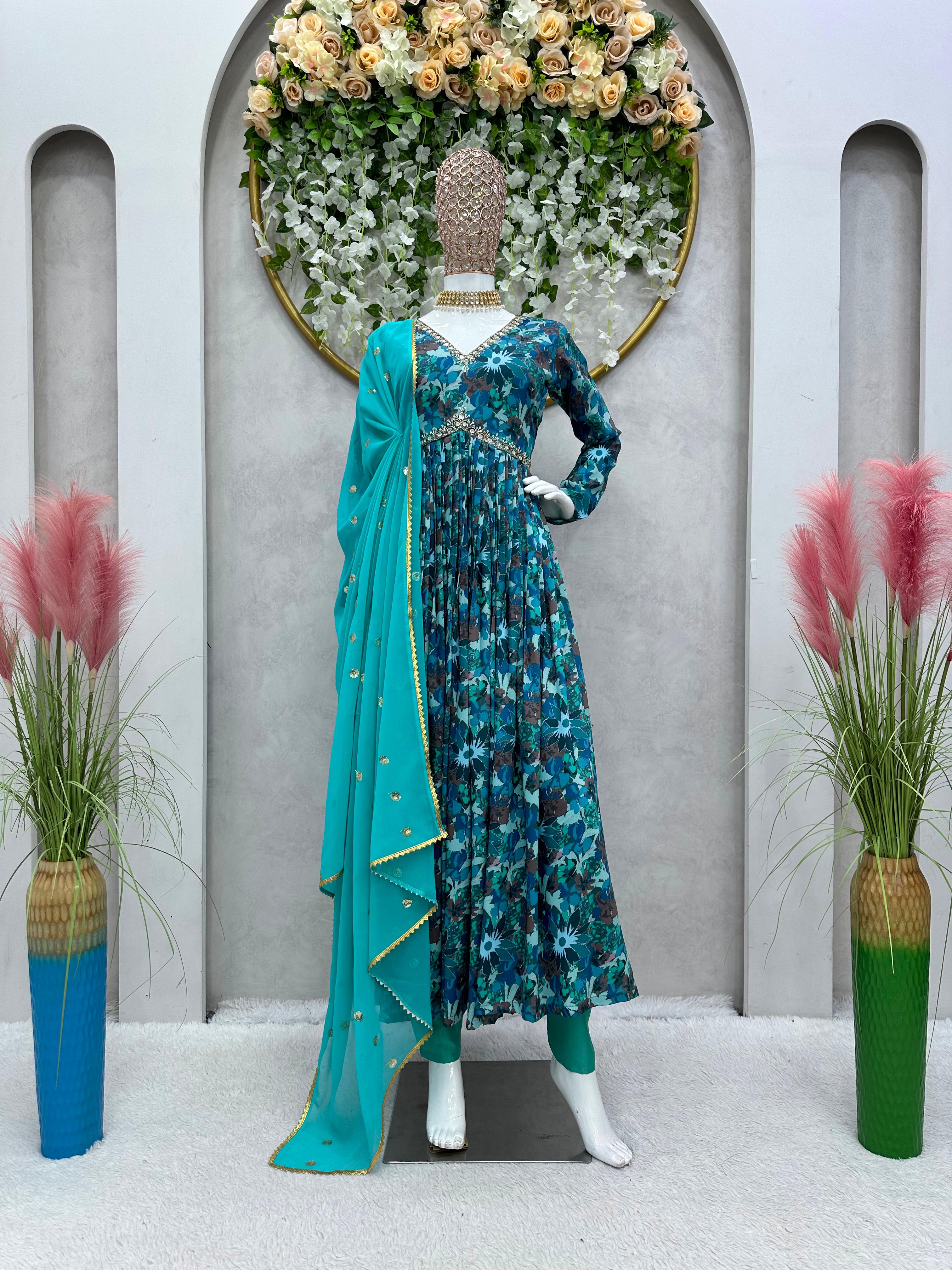 Stylish Aqua Blue Digital Print Gown Pant With Dupatta