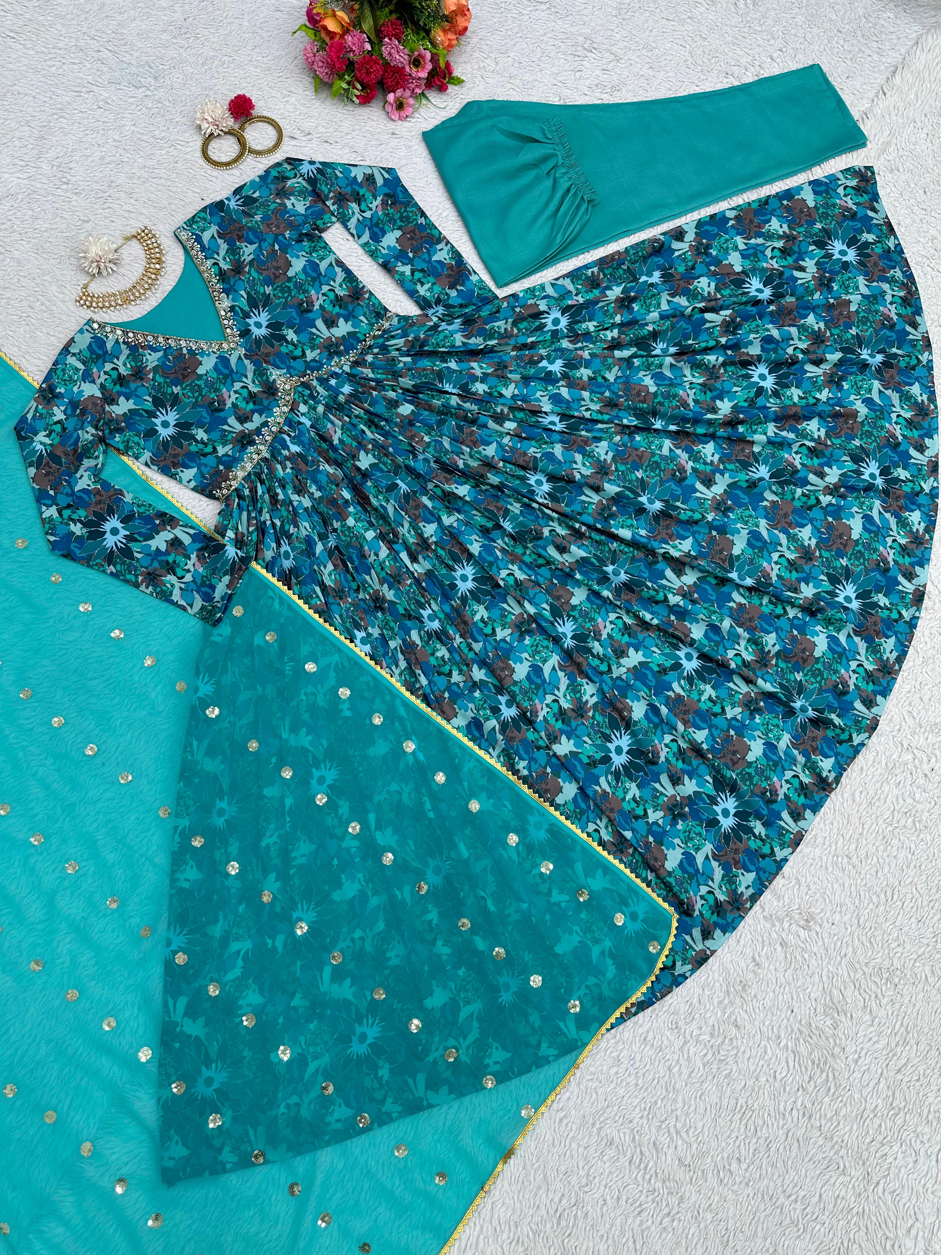 Stylish Aqua Blue Digital Print Gown Pant With Dupatta