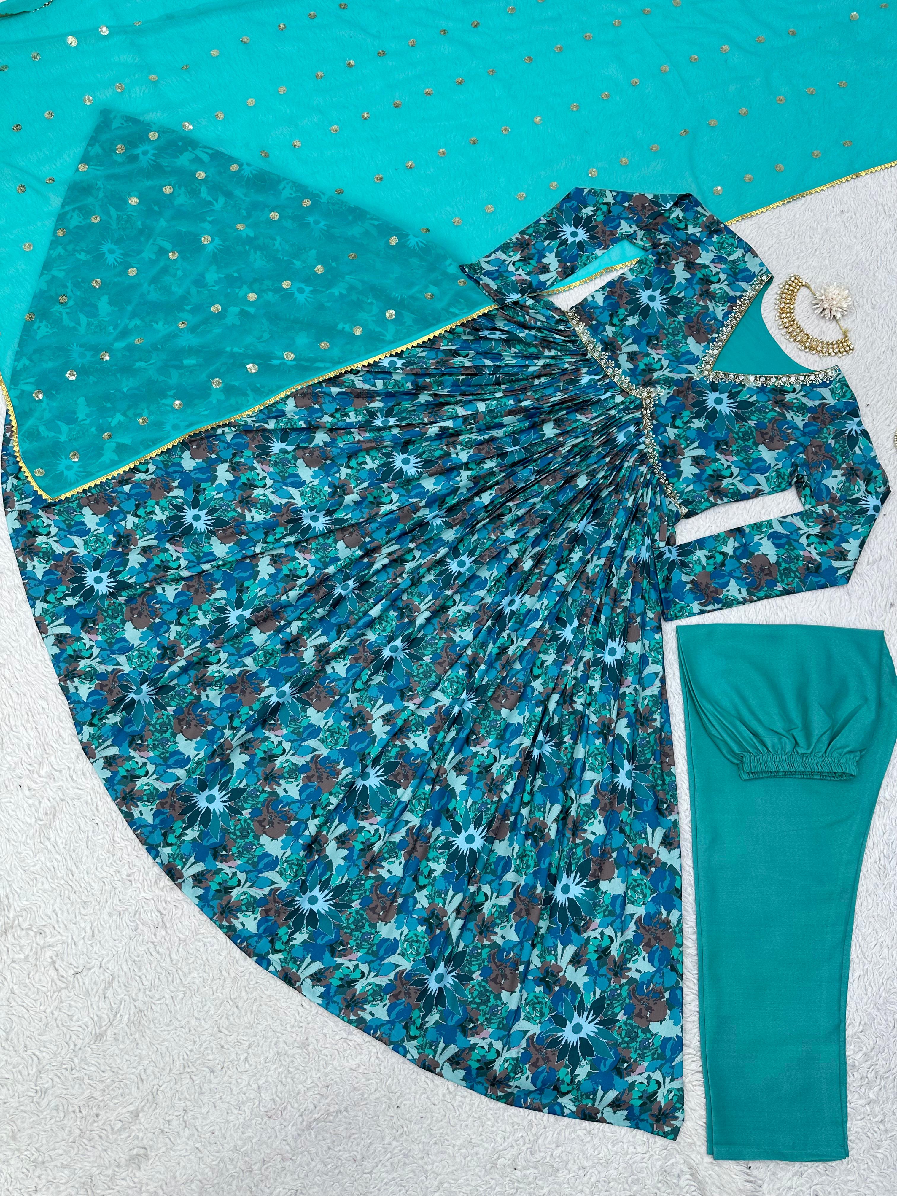 Stylish Aqua Blue Digital Print Gown Pant With Dupatta