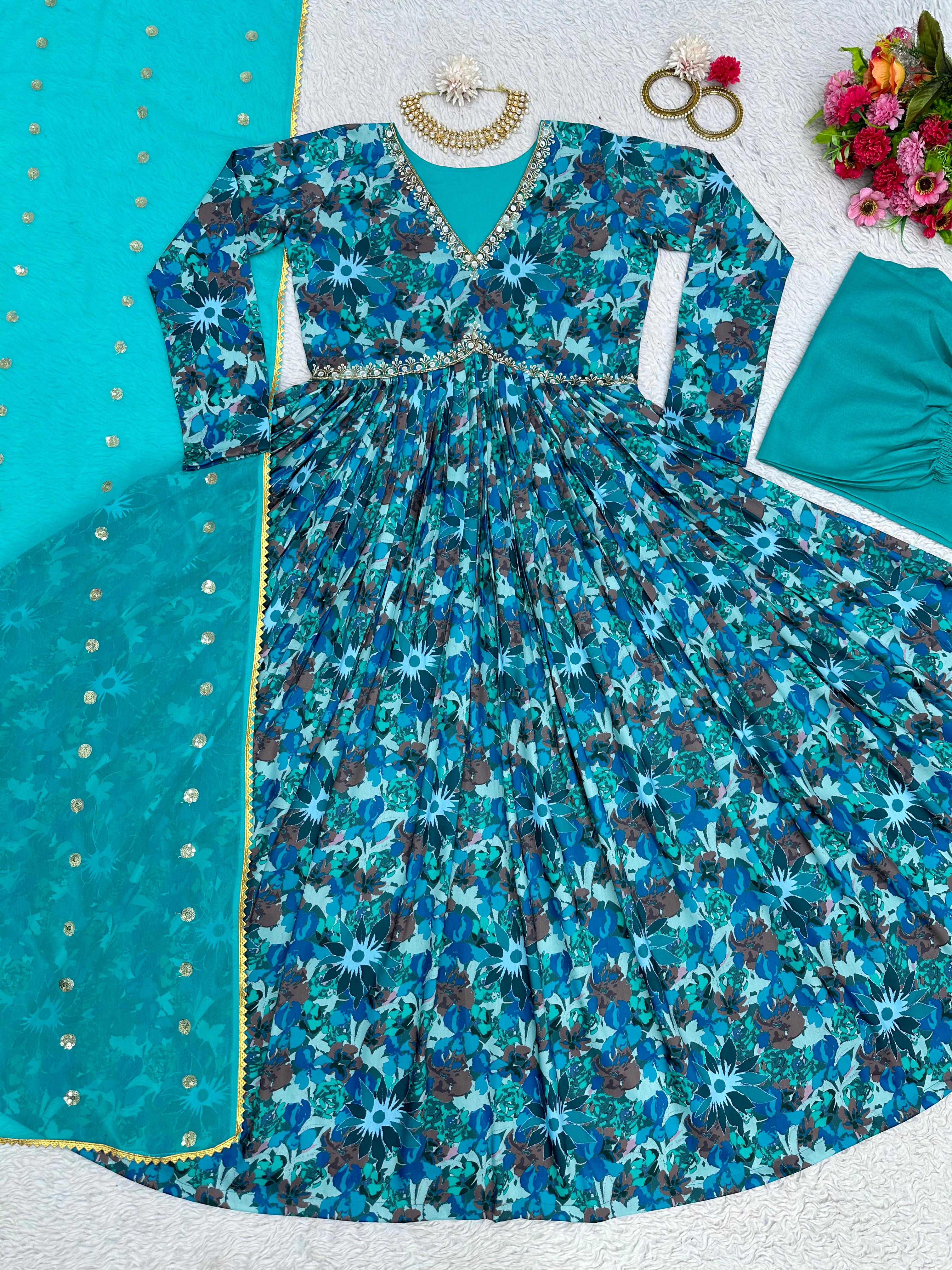 Stylish Aqua Blue Digital Print Gown Pant With Dupatta
