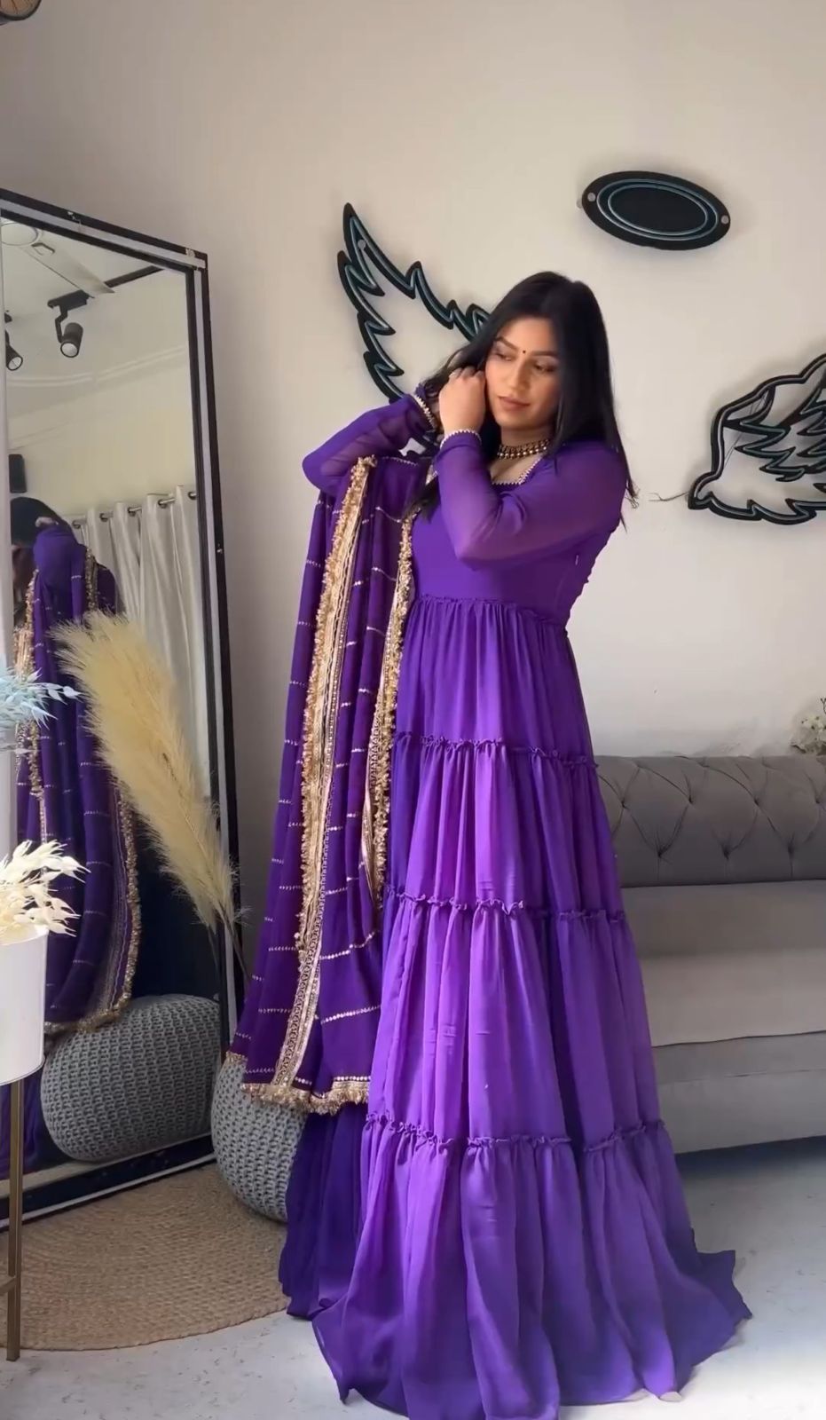 Admiring Purple Color Ruffle Gown With Work Dupatta