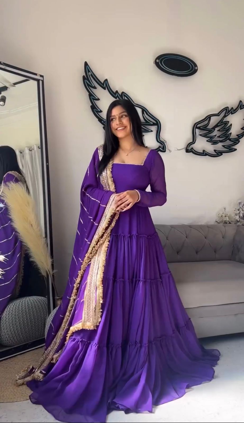 Admiring Purple Color Ruffle Gown With Work Dupatta