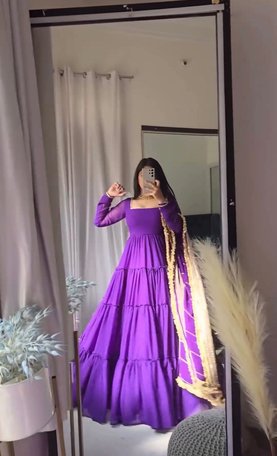 Admiring Purple Color Ruffle Gown With Work Dupatta