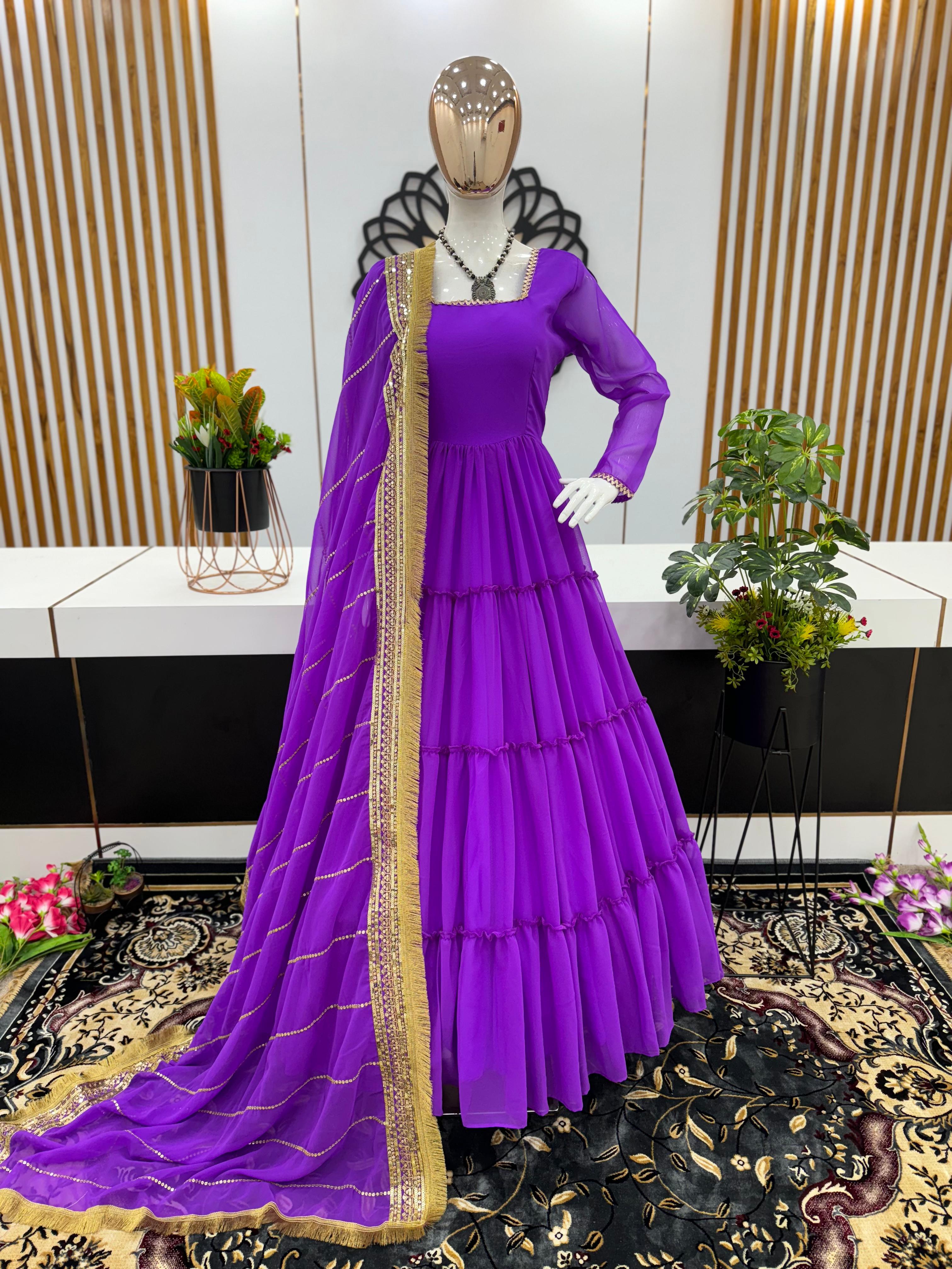 Admiring Purple Color Ruffle Gown With Work Dupatta