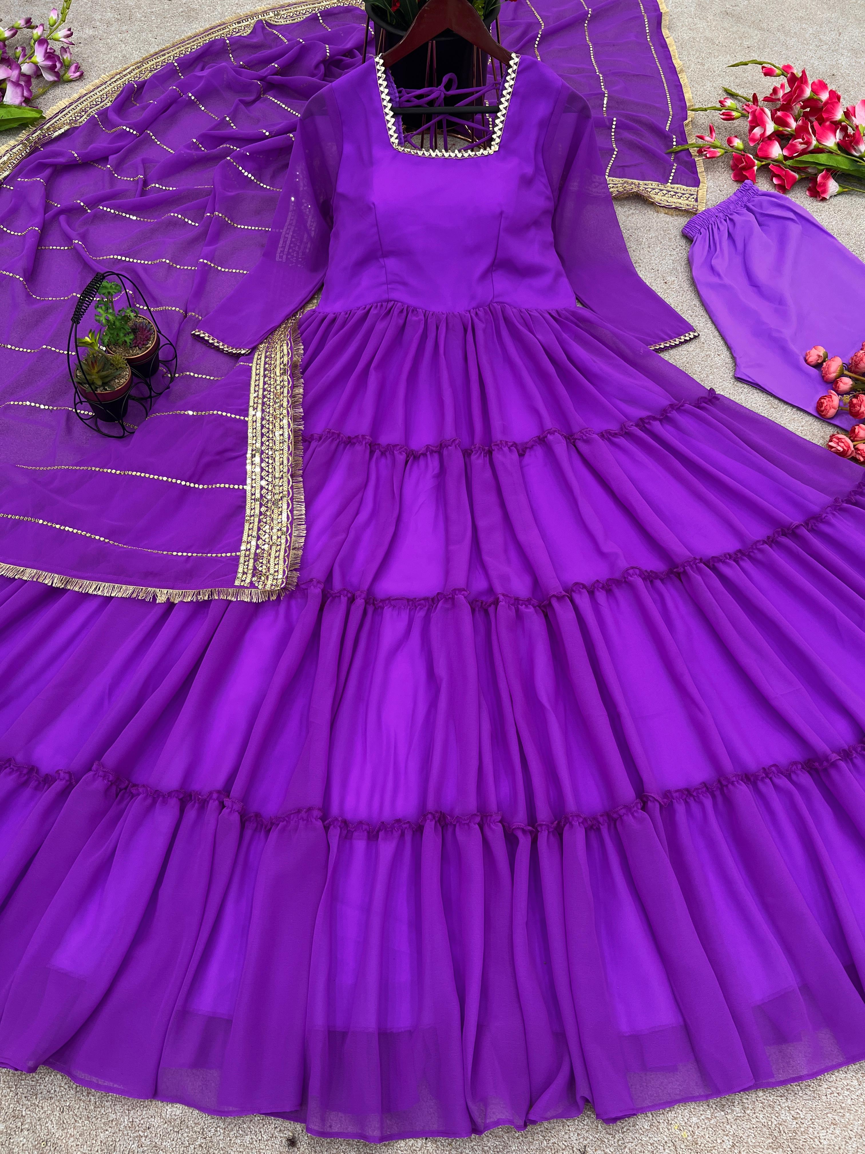 Admiring Purple Color Ruffle Gown With Work Dupatta