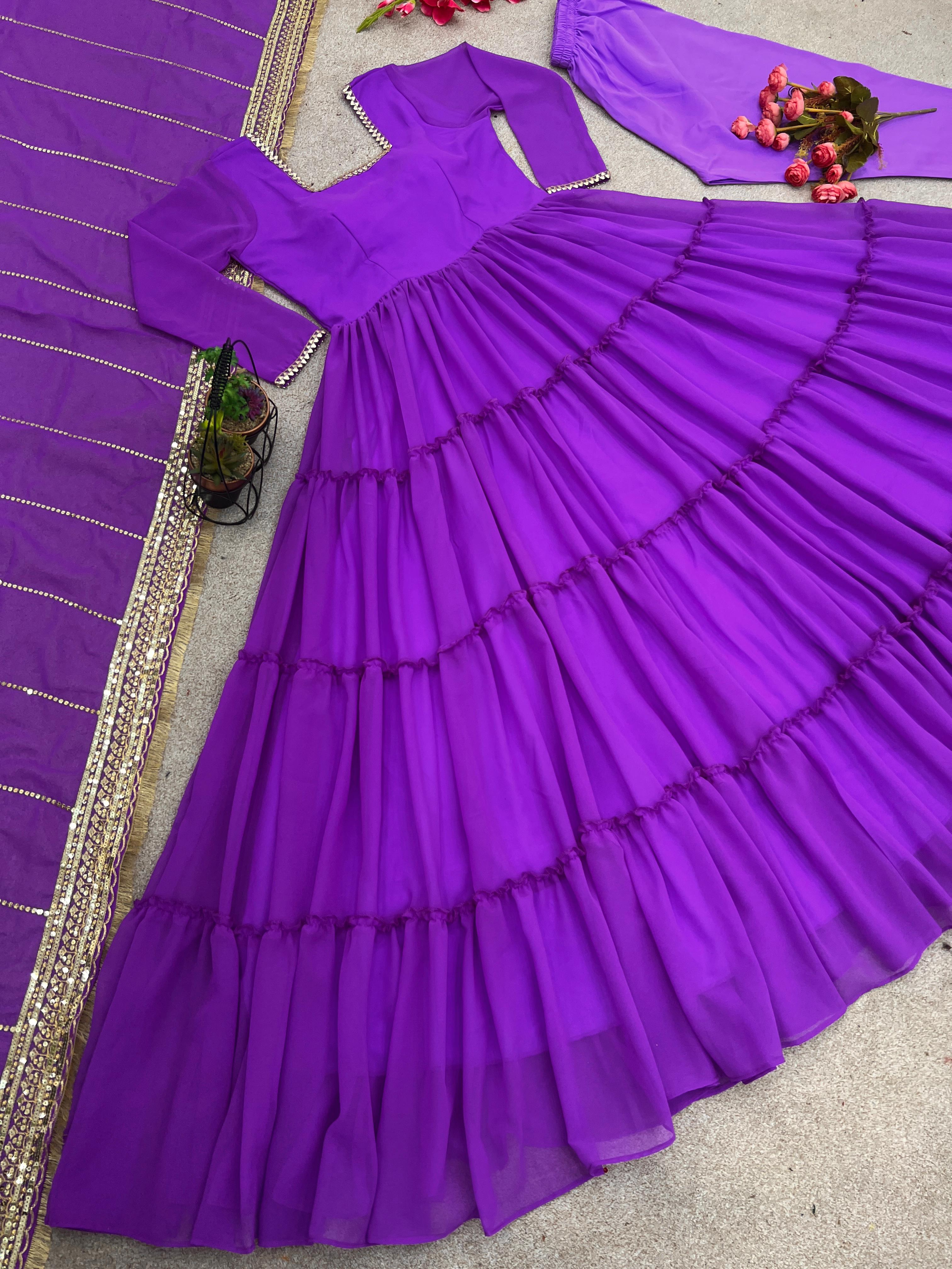 Admiring Purple Color Ruffle Gown With Work Dupatta