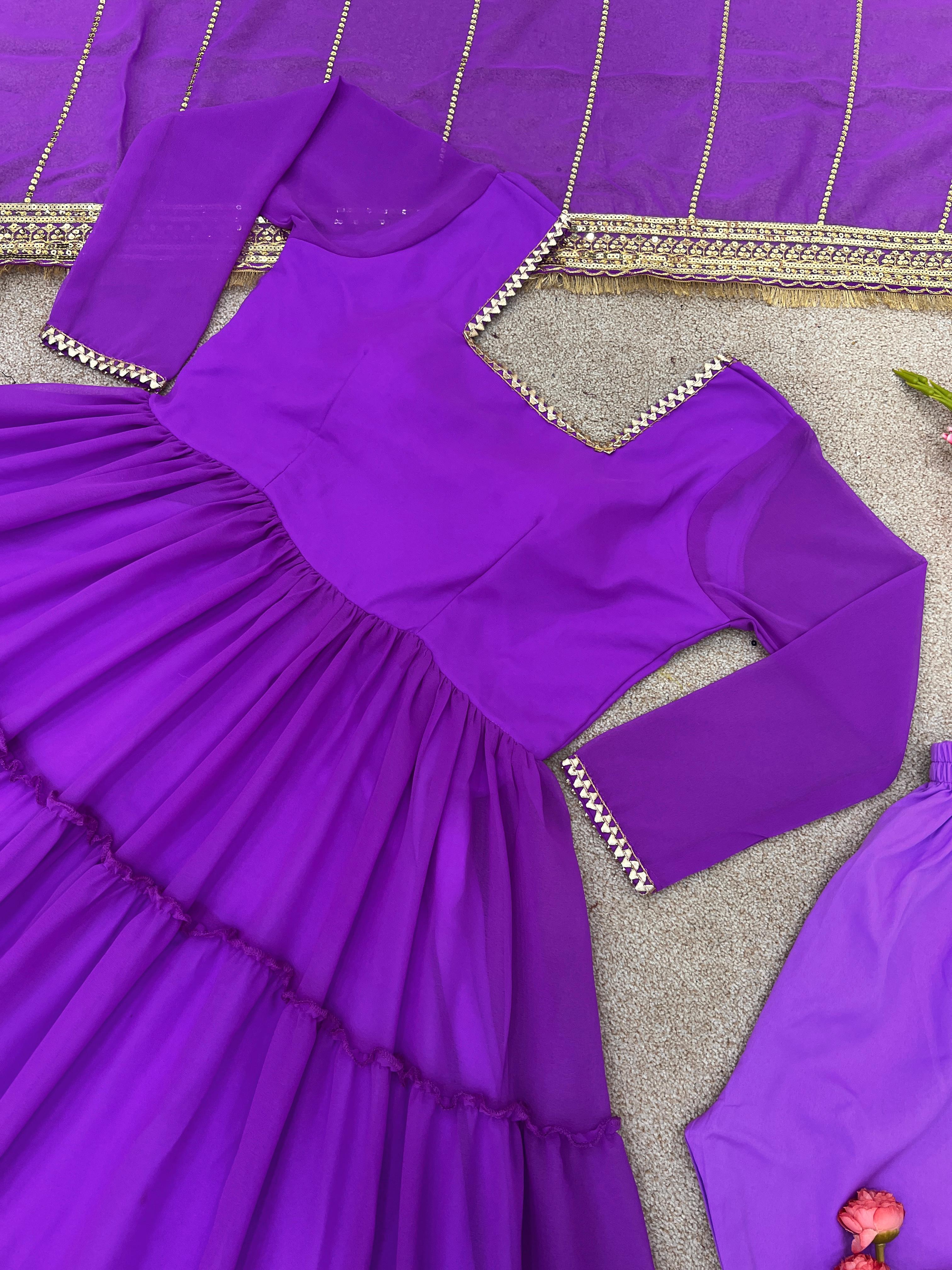 Admiring Purple Color Ruffle Gown With Work Dupatta