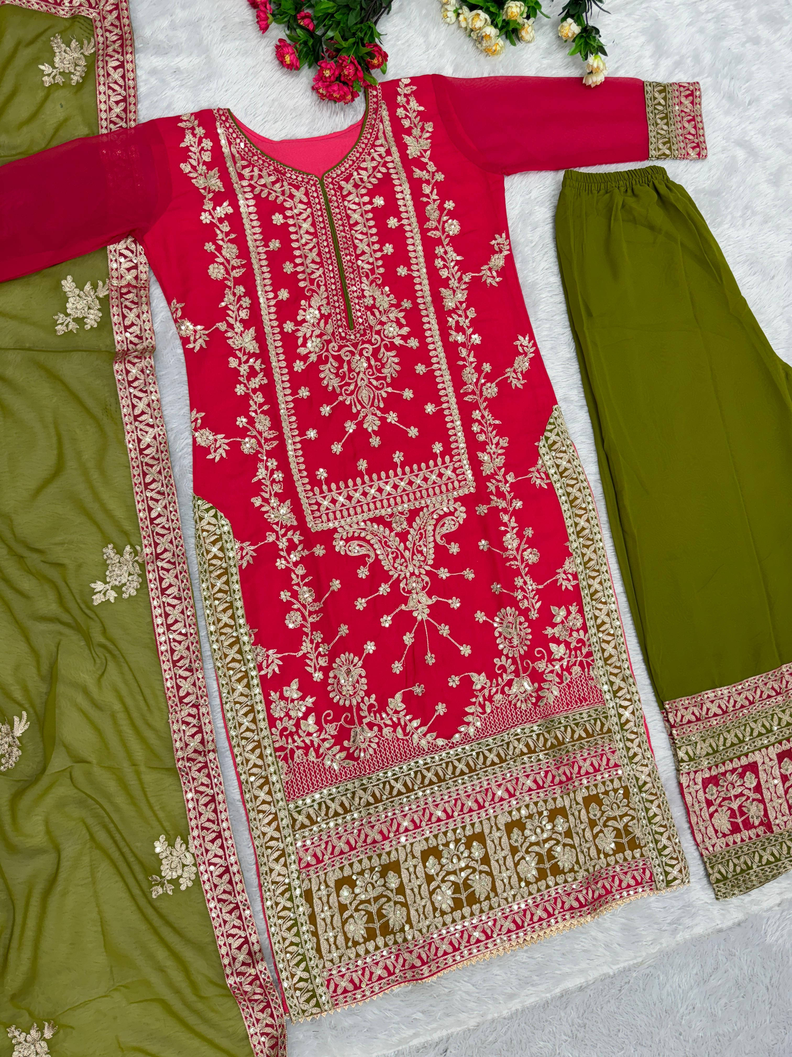 Pink With Green Color Heavy Work Pakistani Suit