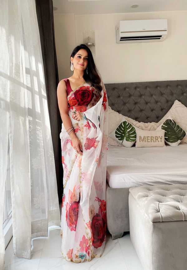 White Color Hand Work Floral Printed Organza Saree