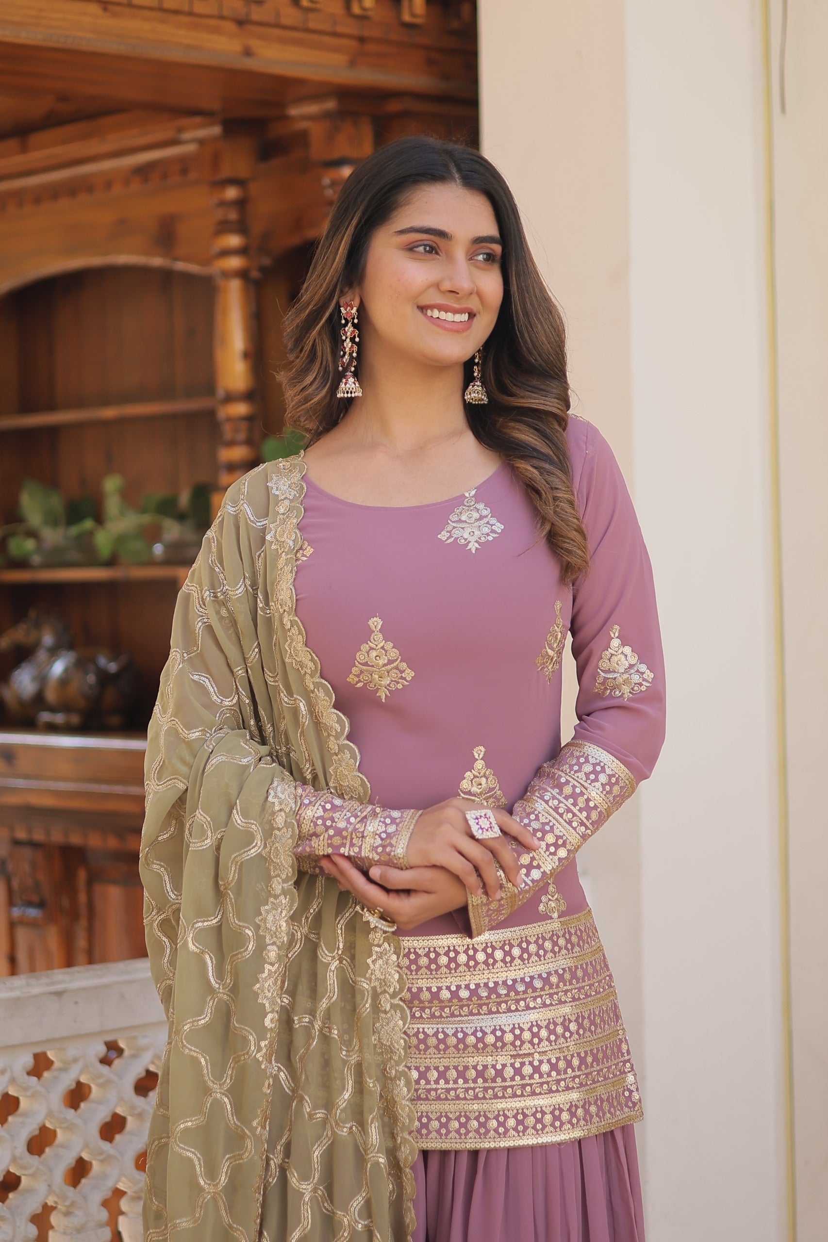 Decent Dusty Pink Embroidered Sequence Work Sharara Suit