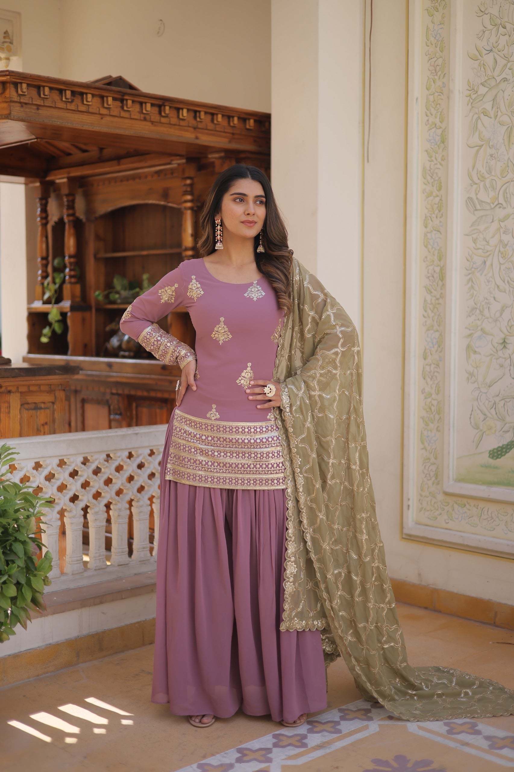 Decent Dusty Pink Embroidered Sequence Work Sharara Suit