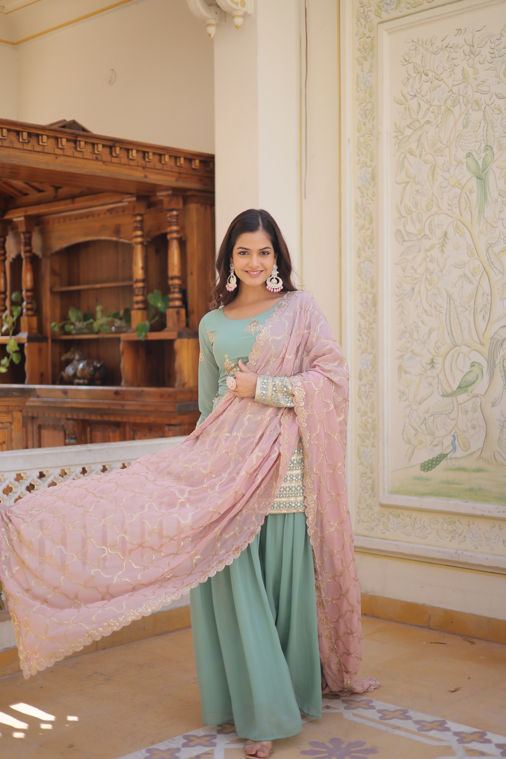 Decent Aqua Green Embroidered Sequence Work Sharara Suit