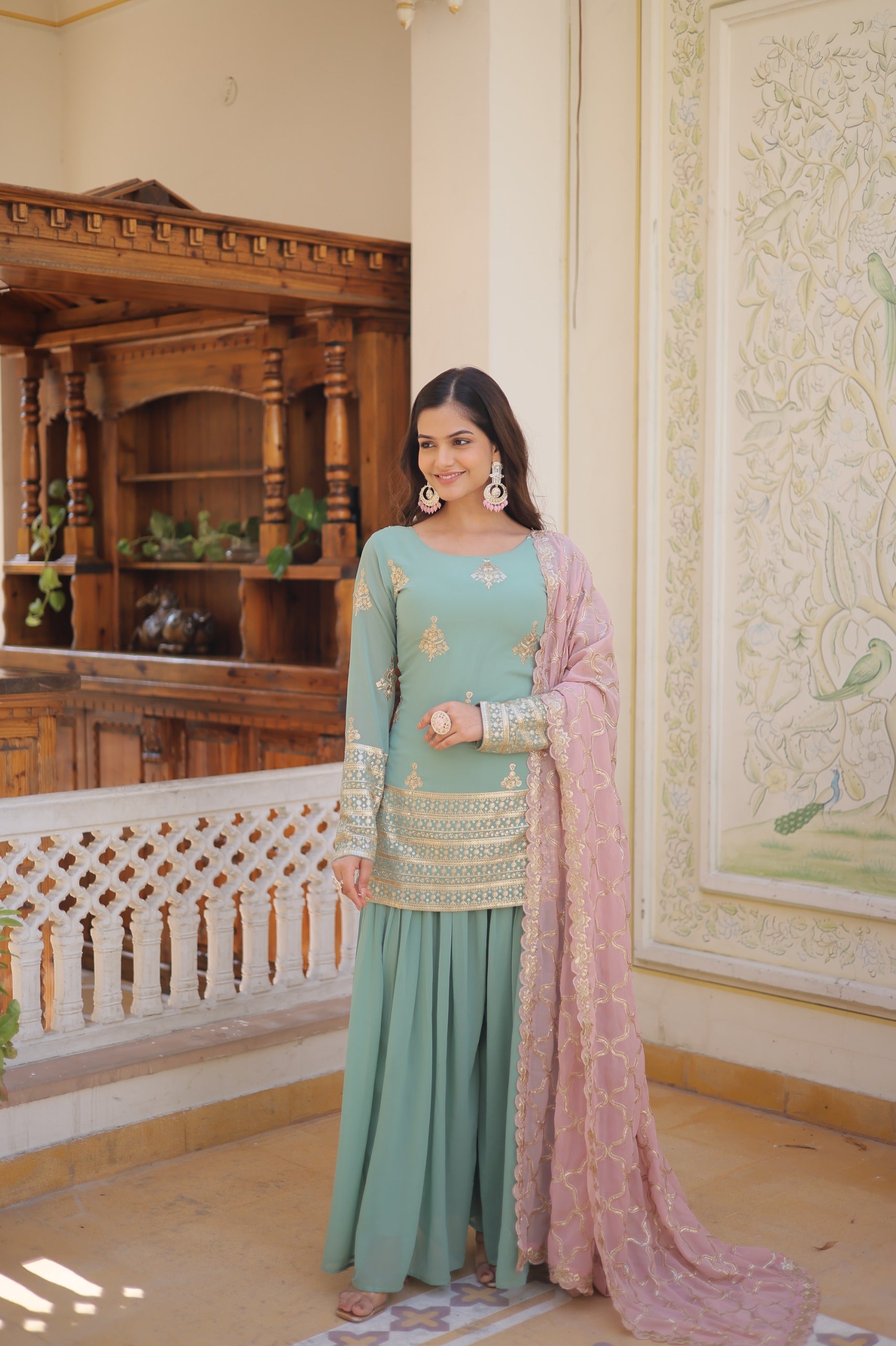 Decent Aqua Green Embroidered Sequence Work Sharara Suit