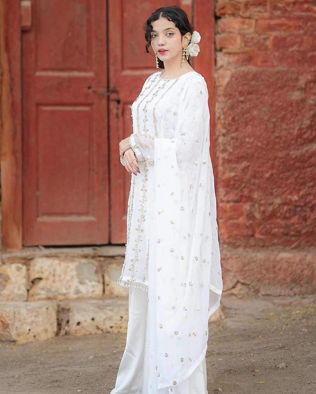 Beautiful Sequence Moti Work White Color Sharara Suit