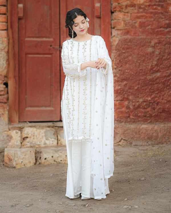 Beautiful Sequence Moti Work White Color Sharara Suit