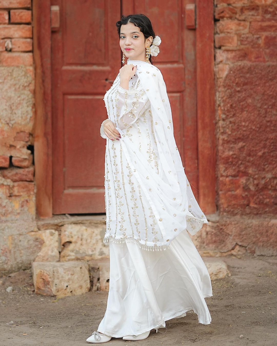 Beautiful Sequence Moti Work White Color Sharara Suit