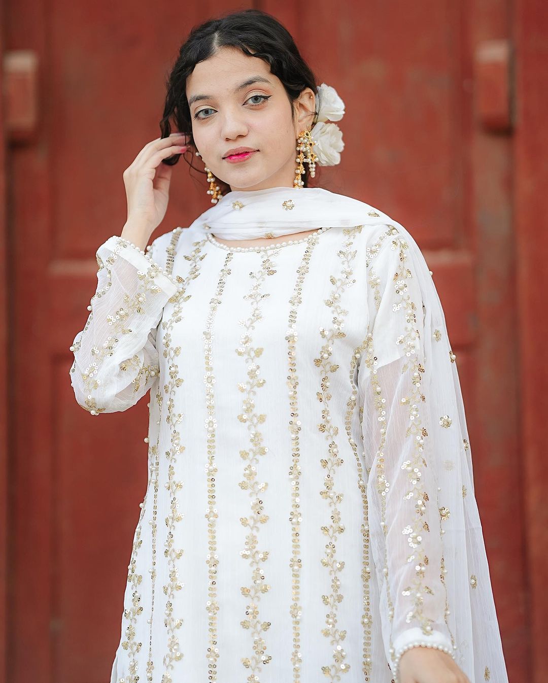 Beautiful Sequence Moti Work White Color Sharara Suit