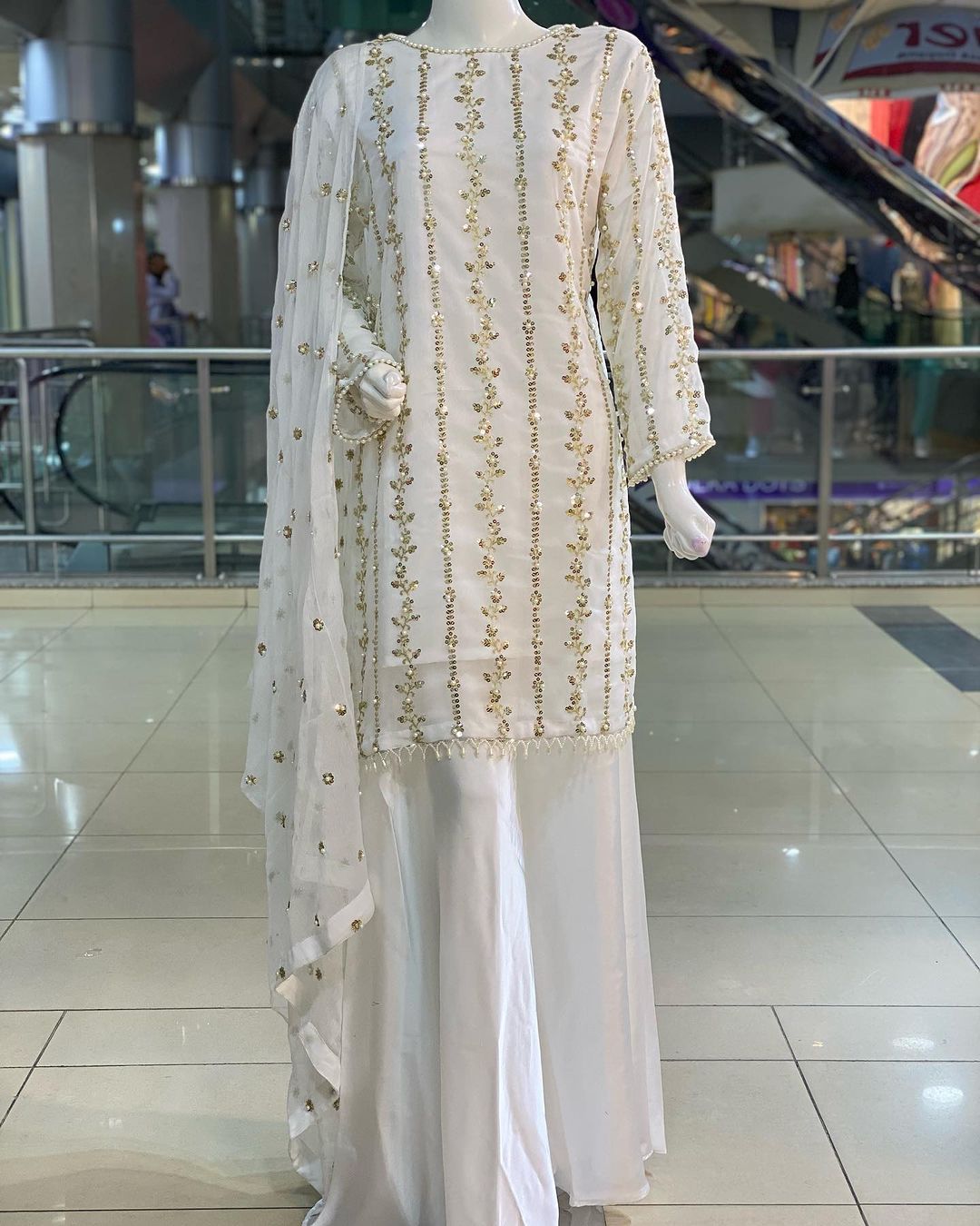 Beautiful Sequence Moti Work White Color Sharara Suit