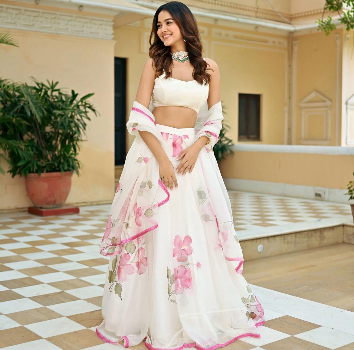 Fashionable White Color Organza Flower Print Lehenga Choli