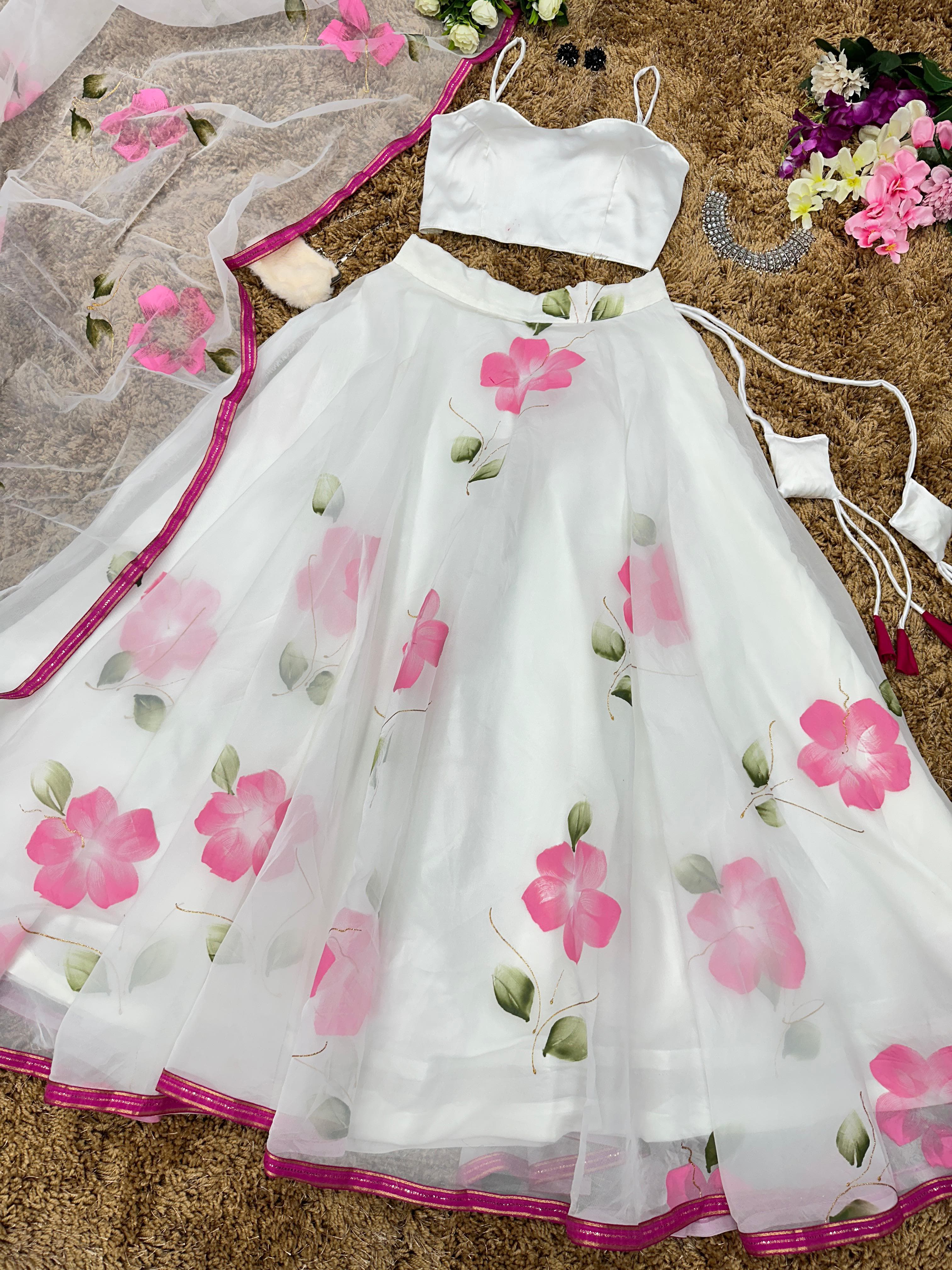 Fashionable White Color Organza Flower Print Lehenga Choli