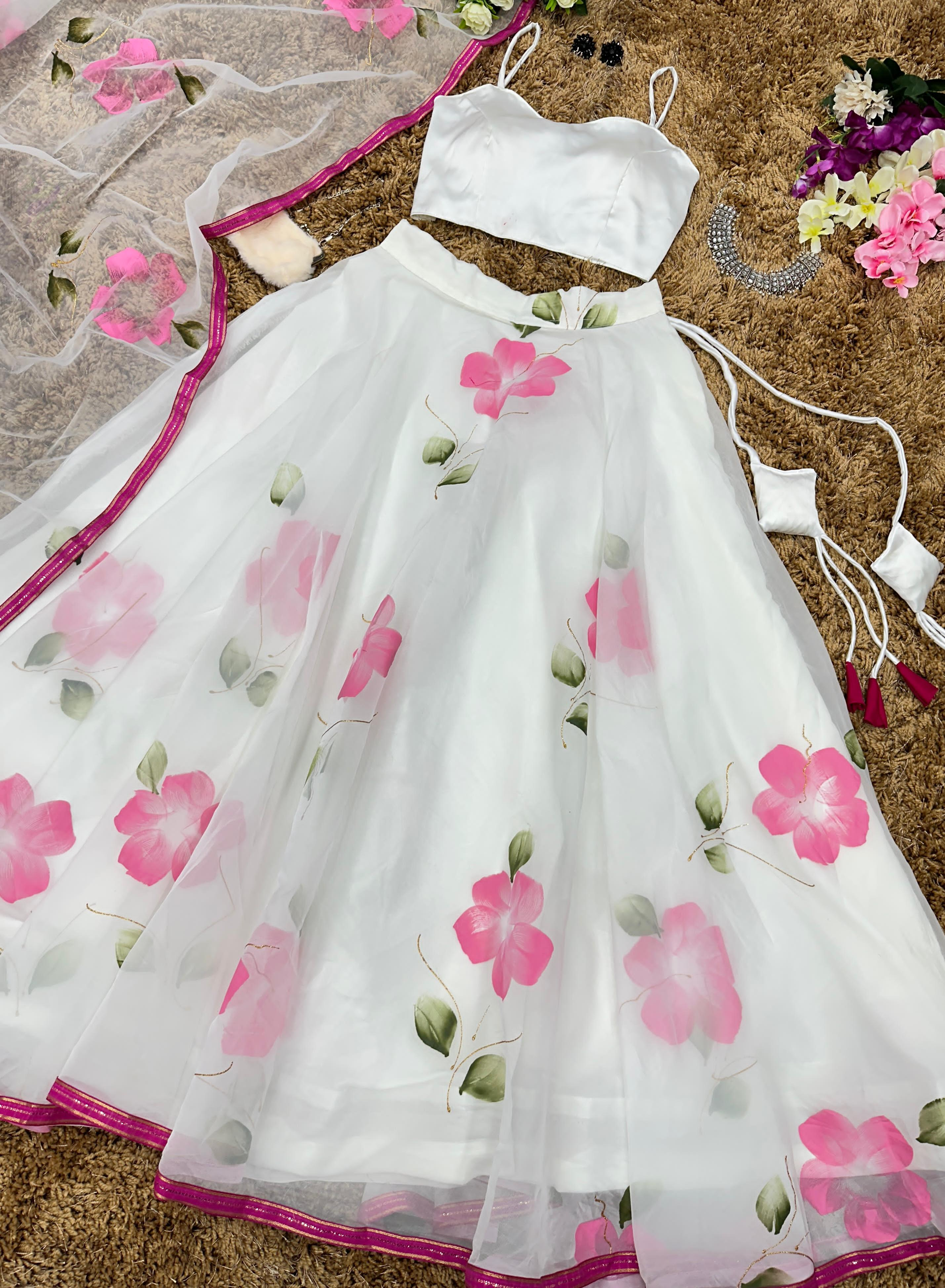 Fashionable White Color Organza Flower Print Lehenga Choli