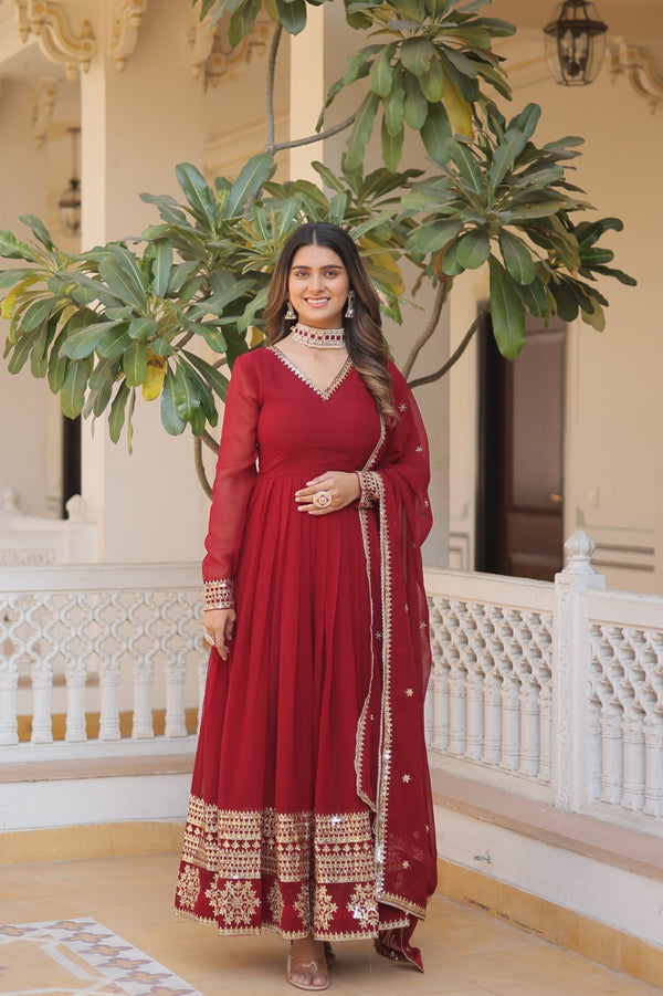 Function Wear Maroon Color Embellished Work Gown