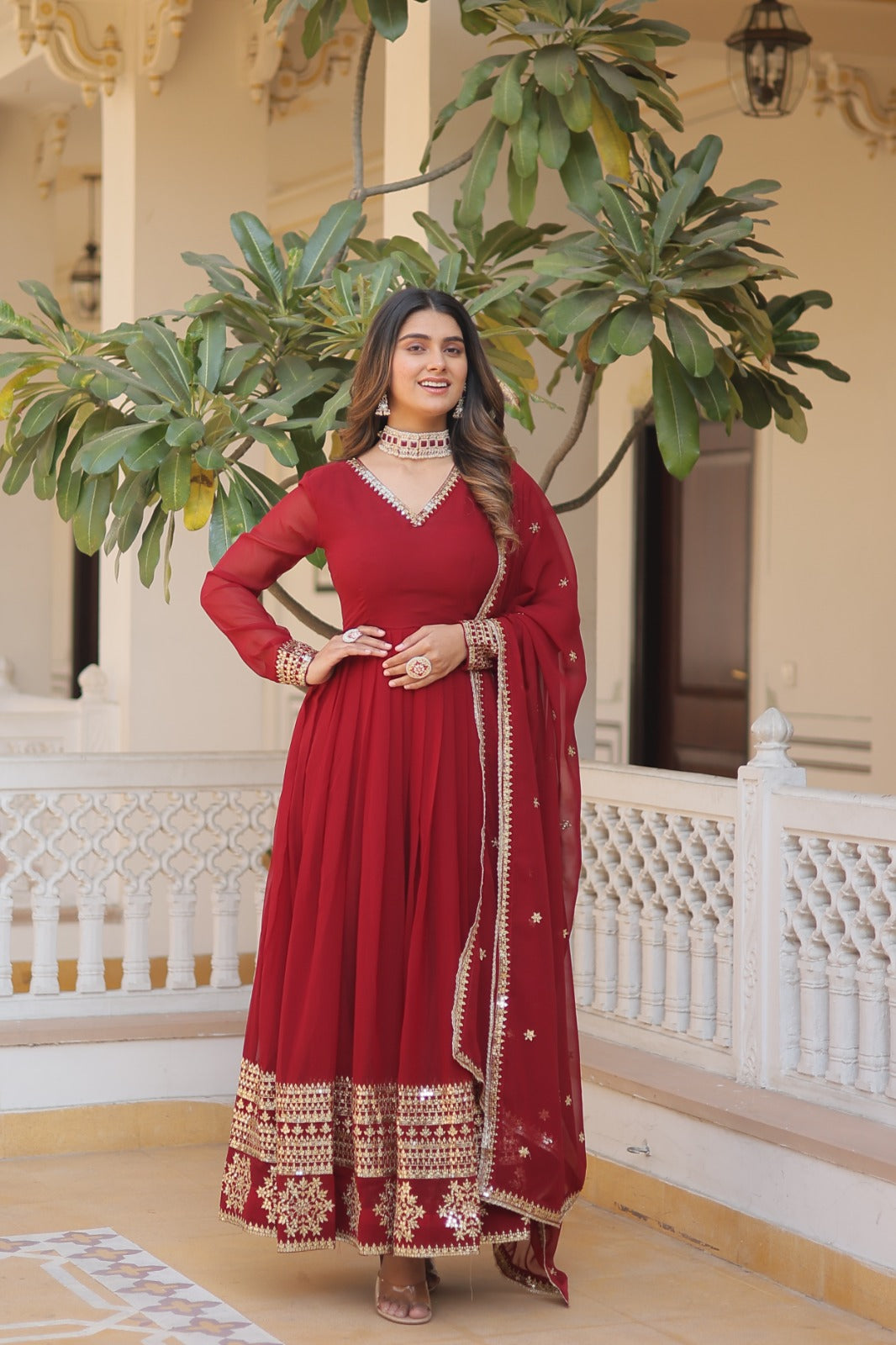 Function Wear Maroon Color Embellished Work Gown