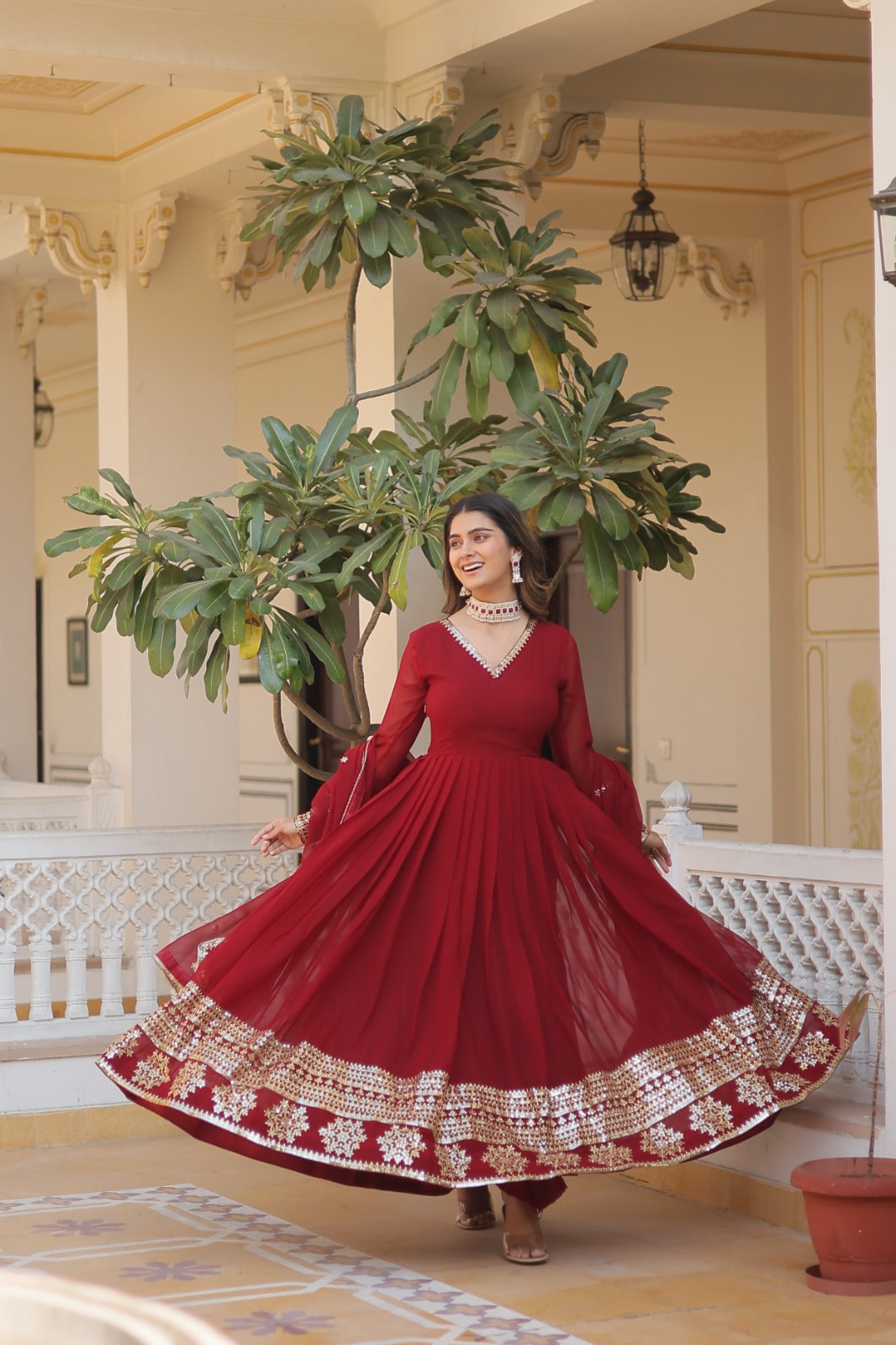 Function Wear Maroon Color Embellished Work Gown