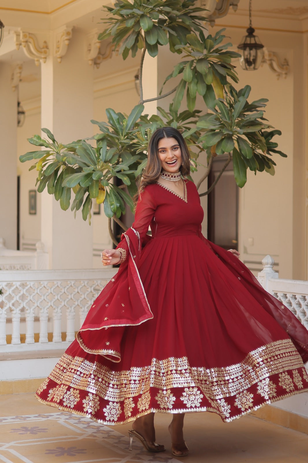 Function Wear Maroon Color Embellished Work Gown