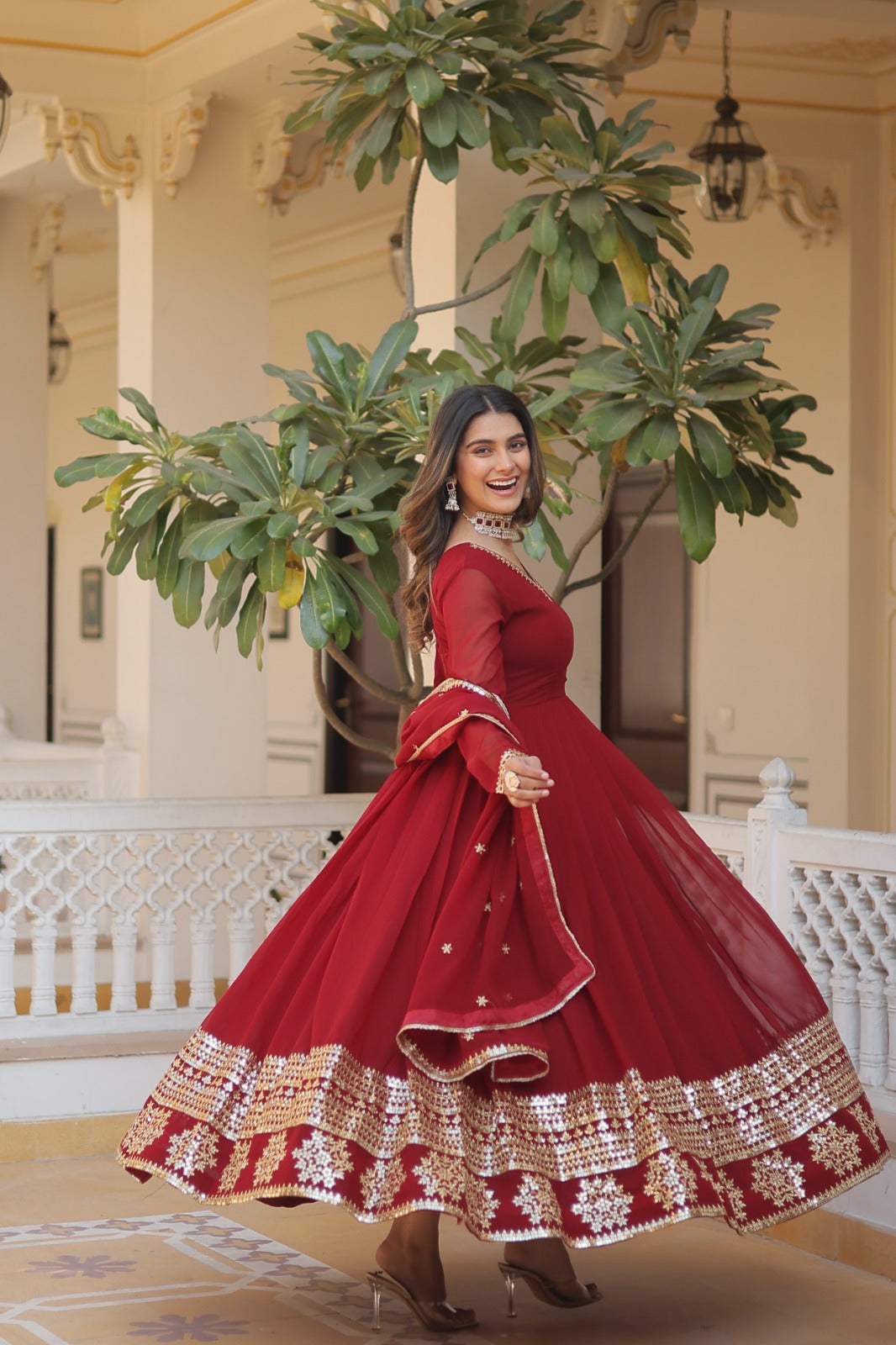 Function Wear Maroon Color Embellished Work Gown