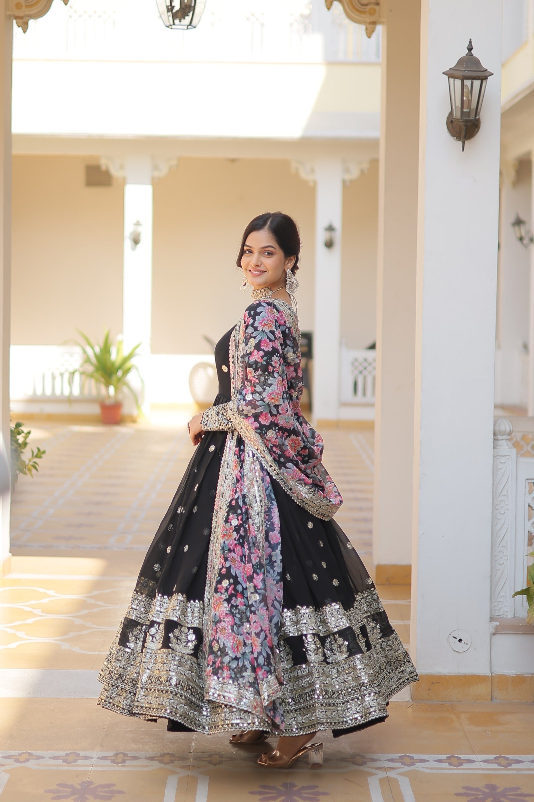 Zari Embroidery Work Black Gown With Printed Dupatta