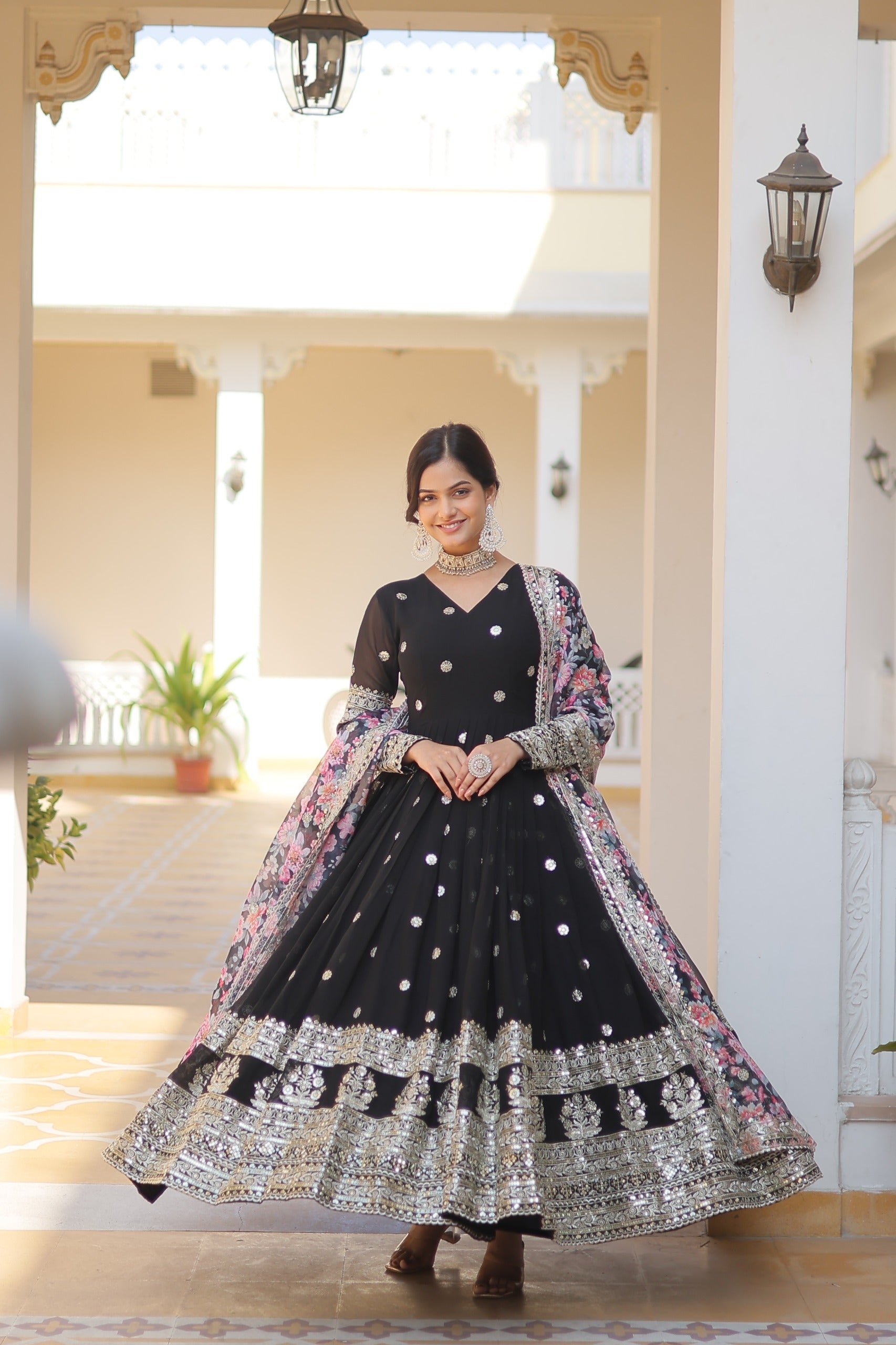 Zari Embroidery Work Black Gown With Printed Dupatta