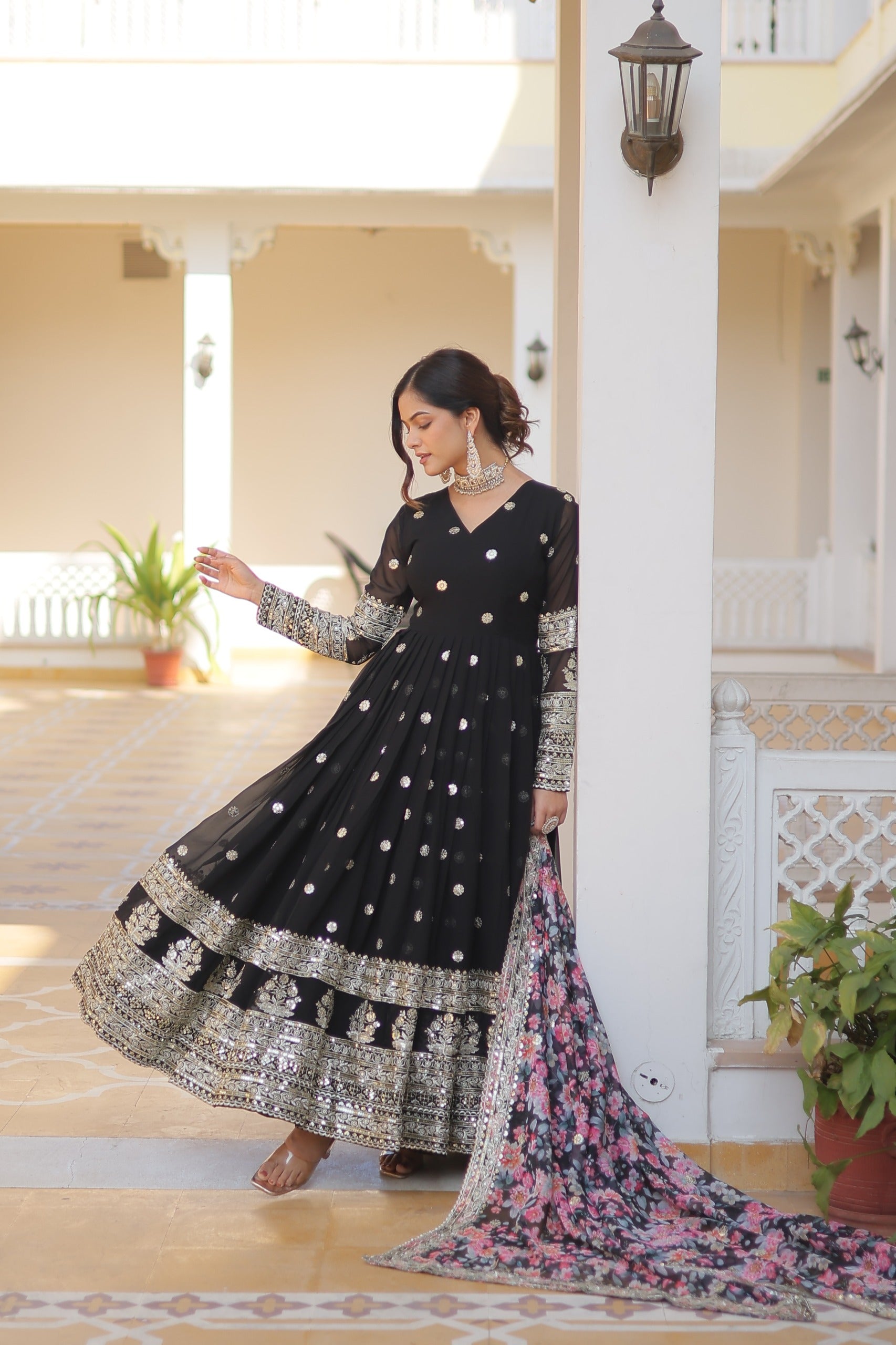 Zari Embroidery Work Black Gown With Printed Dupatta