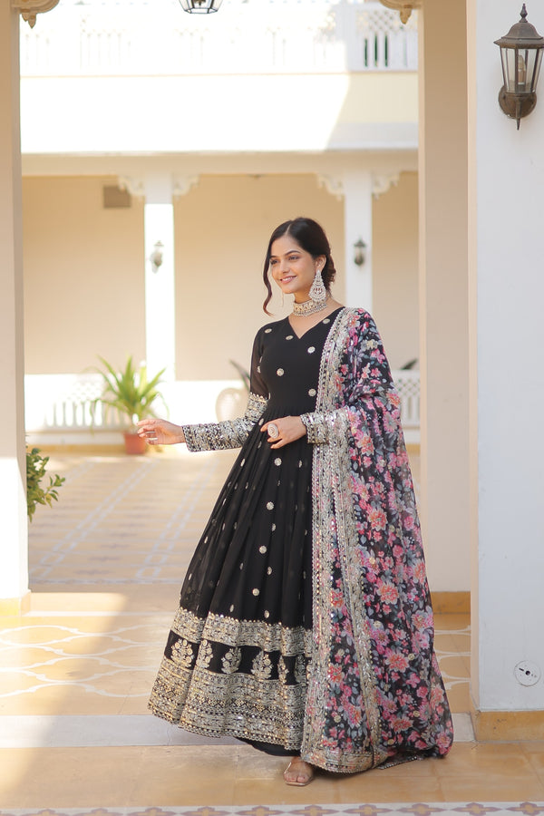 Zari Embroidery Work Black Gown With Printed Dupatta