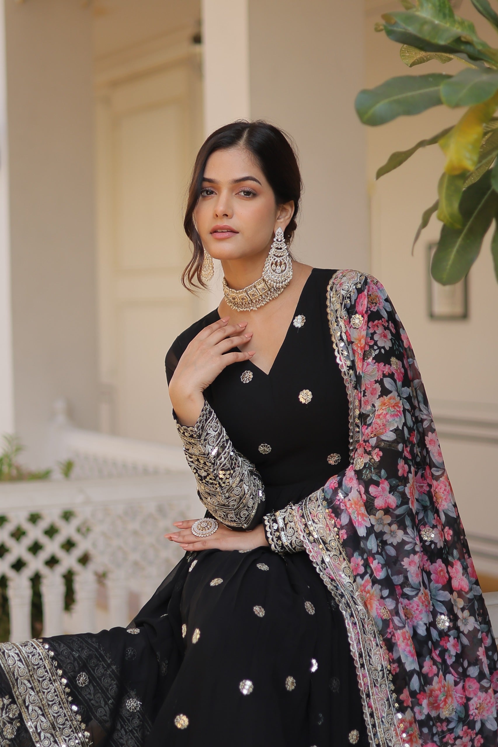Zari Embroidery Work Black Gown With Printed Dupatta