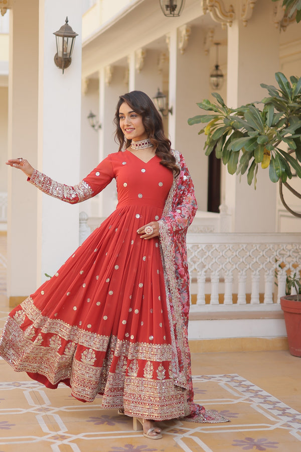 Zari Embroidery Work Orange Gown With Printed Dupatta
