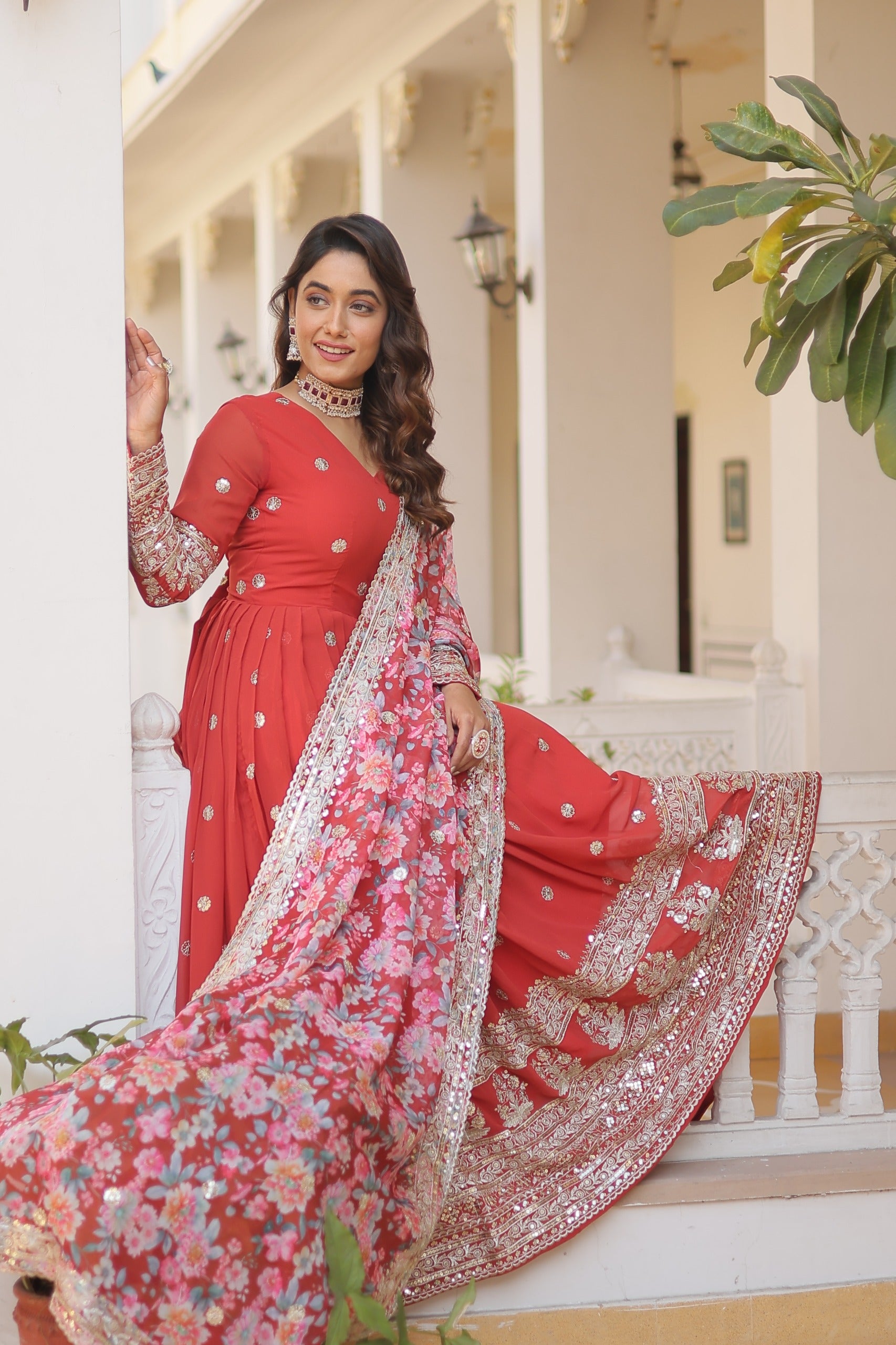 Zari Embroidery Work Orange Gown With Printed Dupatta