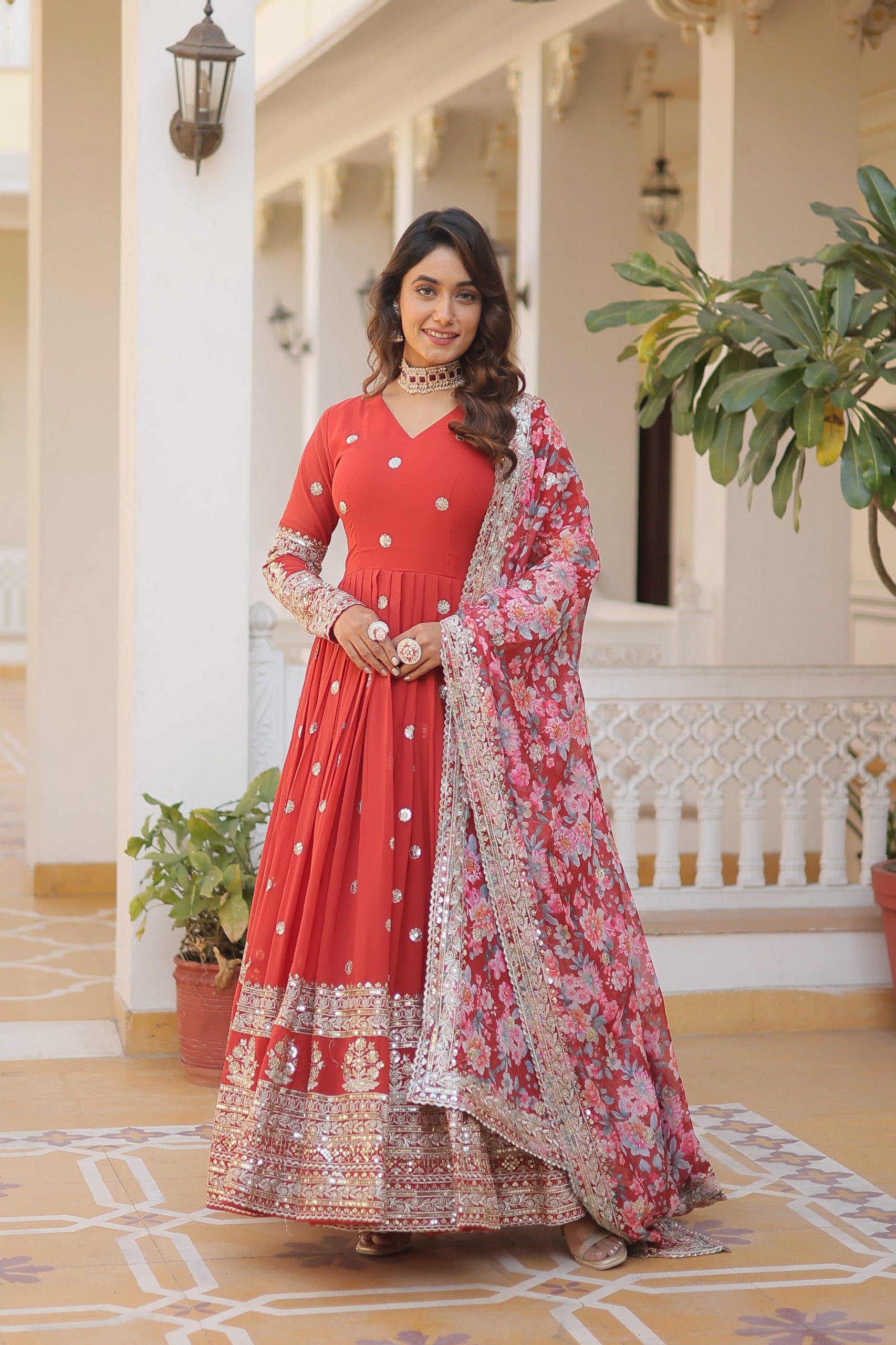 Zari Embroidery Work Orange Gown With Printed Dupatta