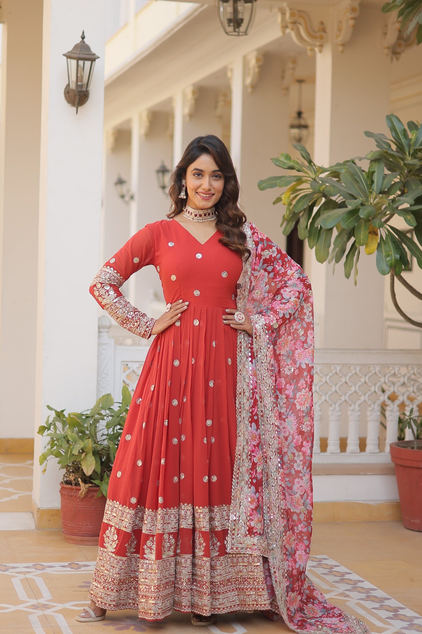 Zari Embroidery Work Orange Gown With Printed Dupatta