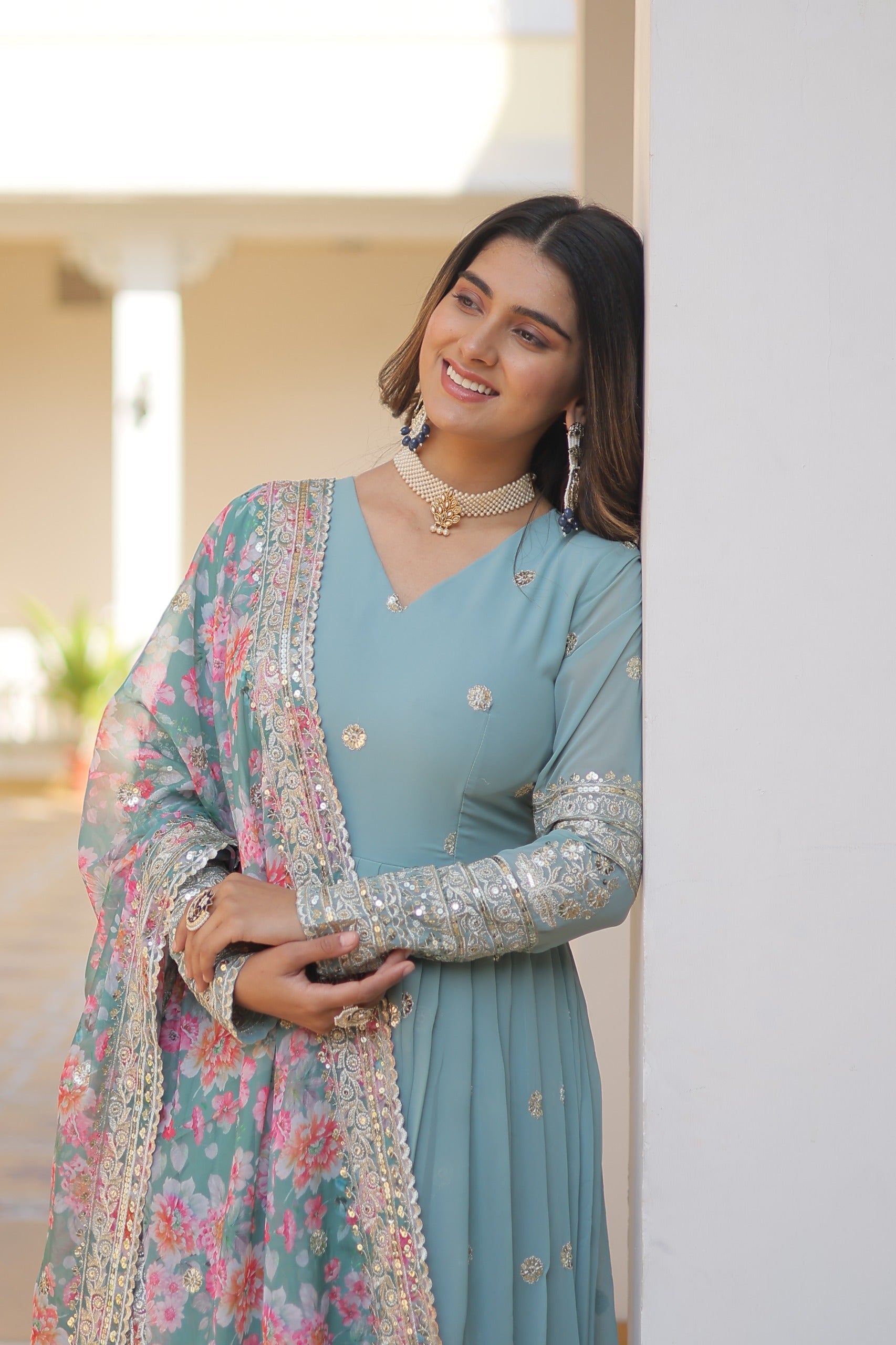 Zari Embroidery Work Sky Blue Gown With Printed Dupatta