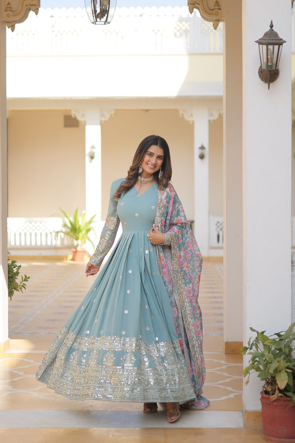 Zari Embroidery Work Sky Blue Gown With Printed Dupatta