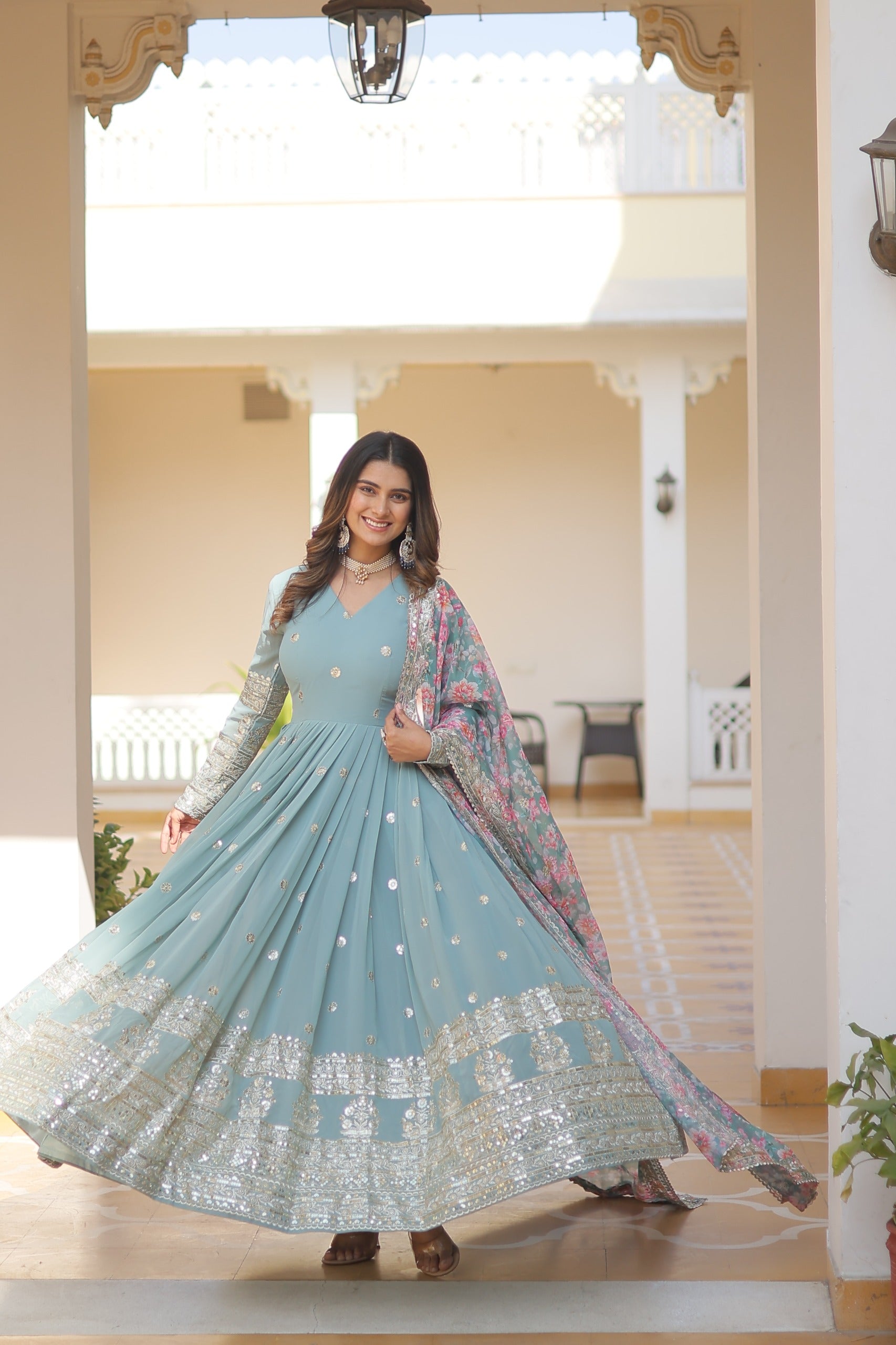 Zari Embroidery Work Sky Blue Gown With Printed Dupatta
