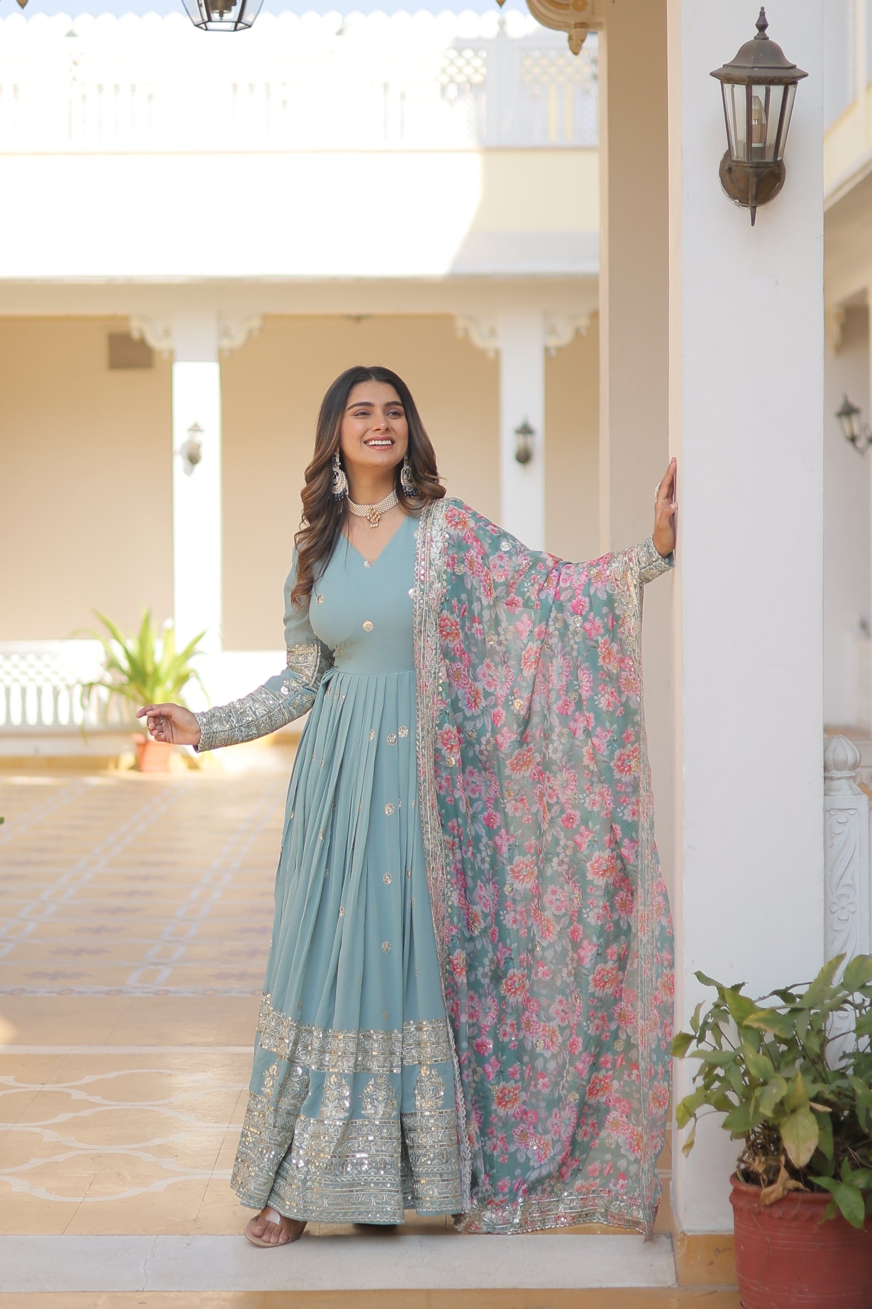 Zari Embroidery Work Sky Blue Gown With Printed Dupatta