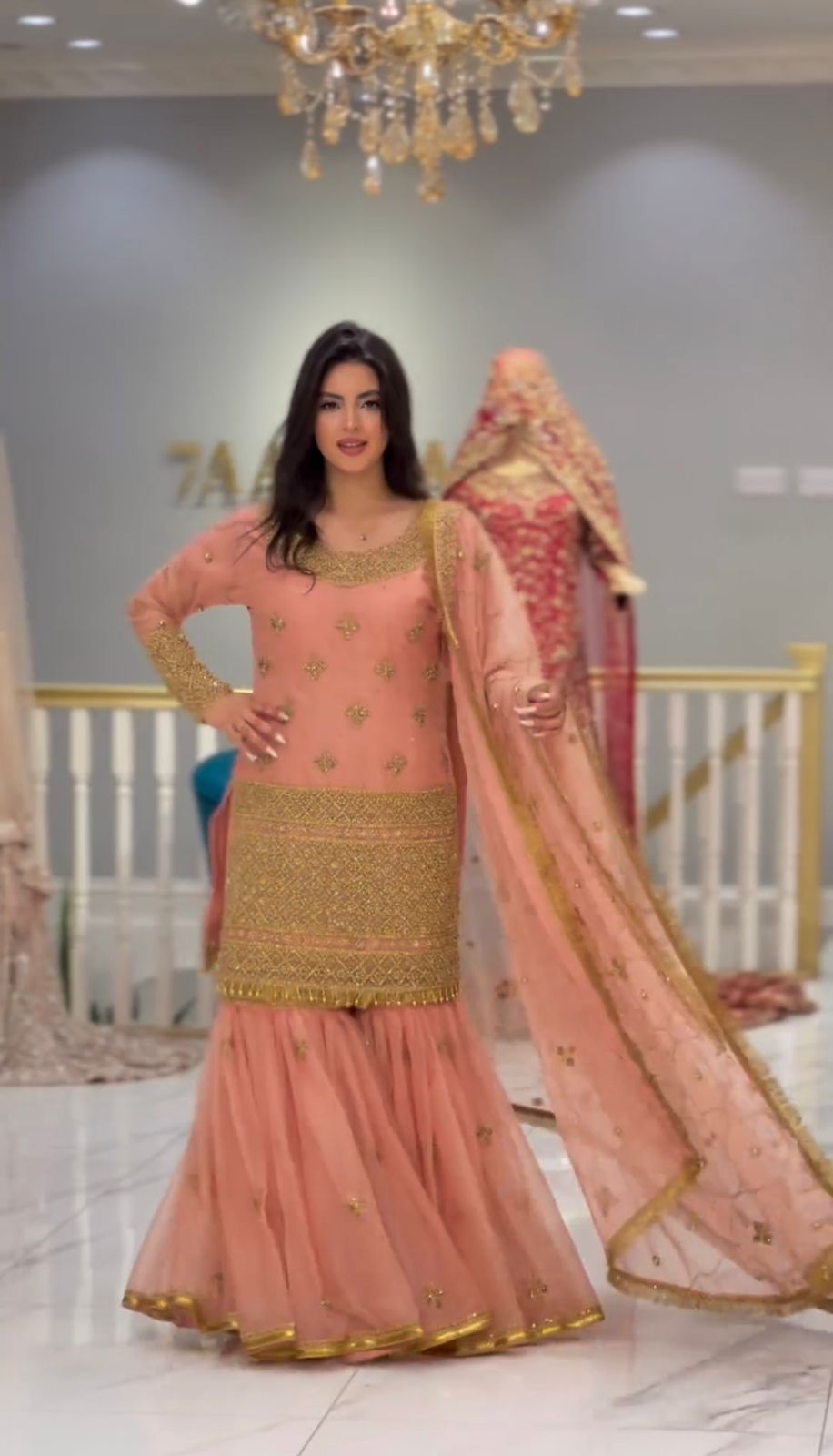 Fabulous Embroidery Work Peach Color Sharara Suit