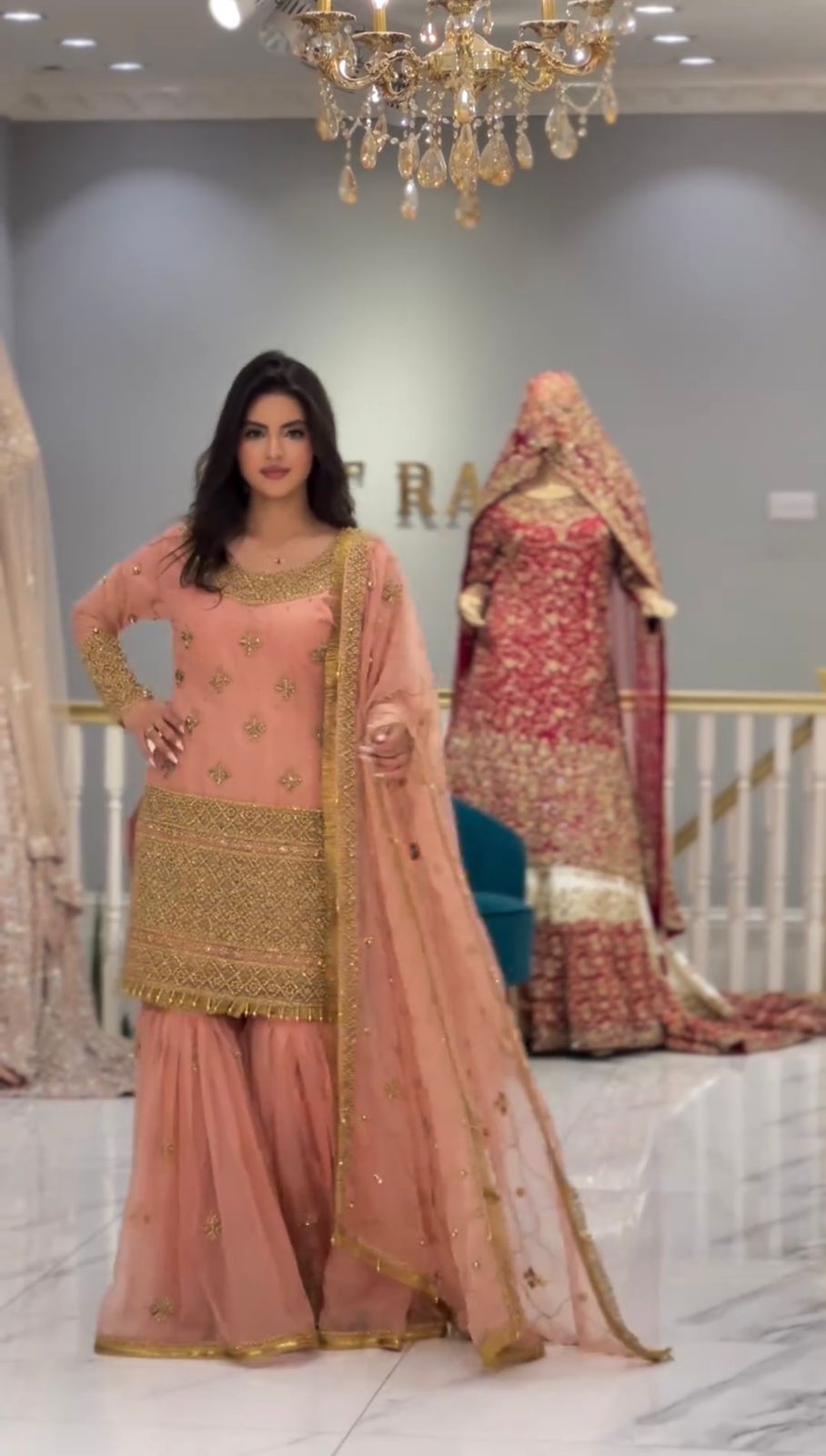 Fabulous Embroidery Work Peach Color Sharara Suit